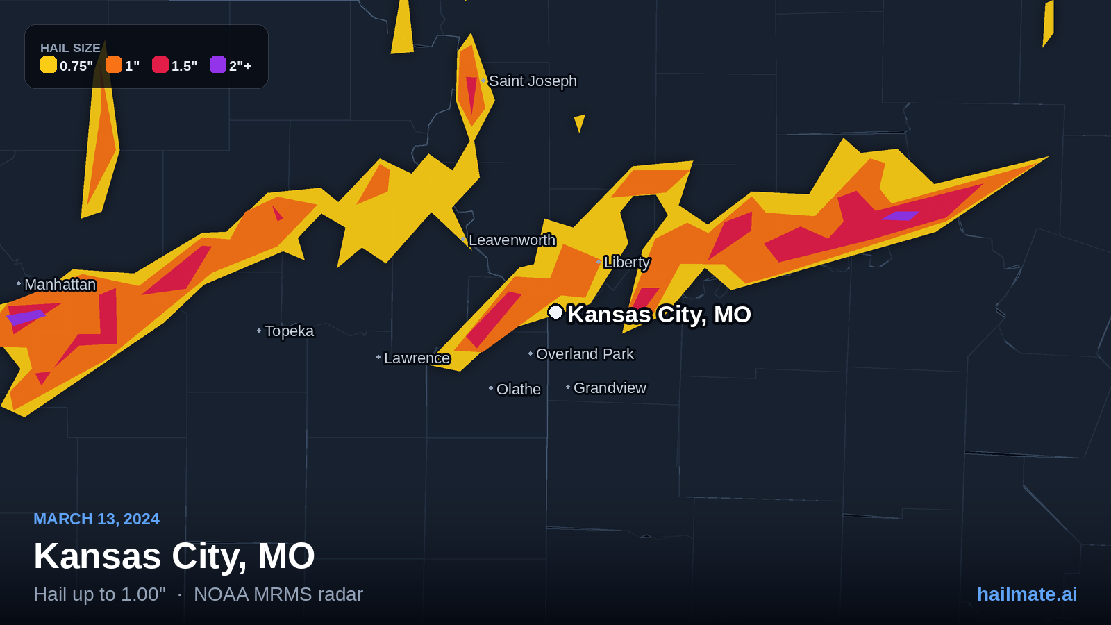Hail swath map for Kansas City, MO on March 13, 2024 showing 1.00 inch hail.