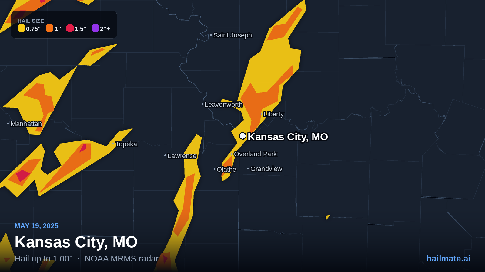 Hail swath map for Kansas City, MO on May 19, 2025 showing 1.00 inch hail.
