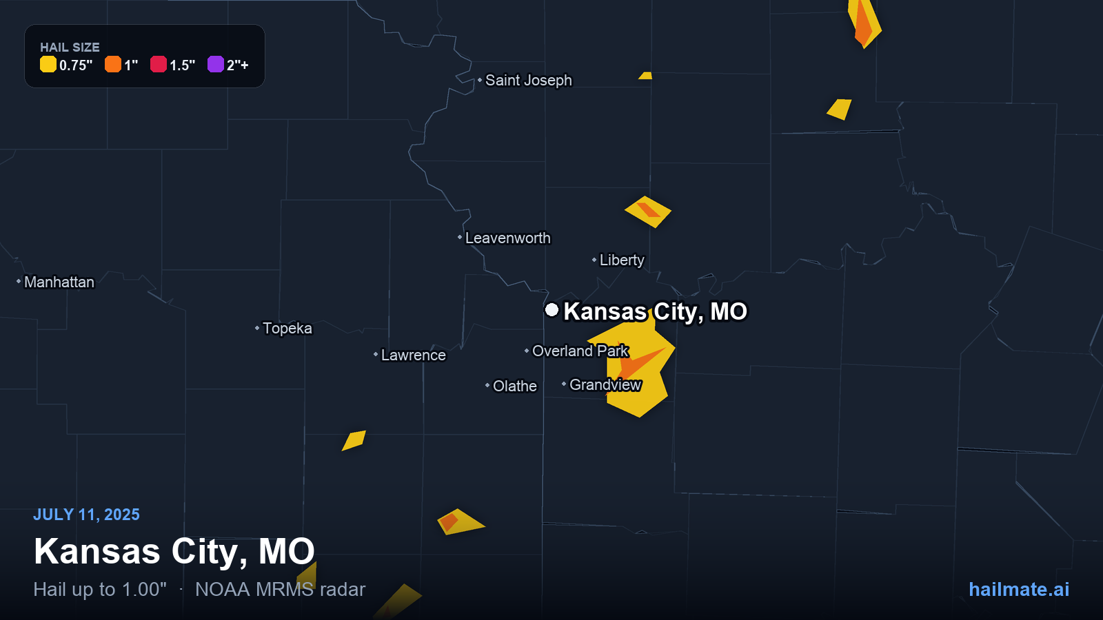 Hail swath map for Kansas City, MO on July 11, 2025 showing 1.00 inch hail.