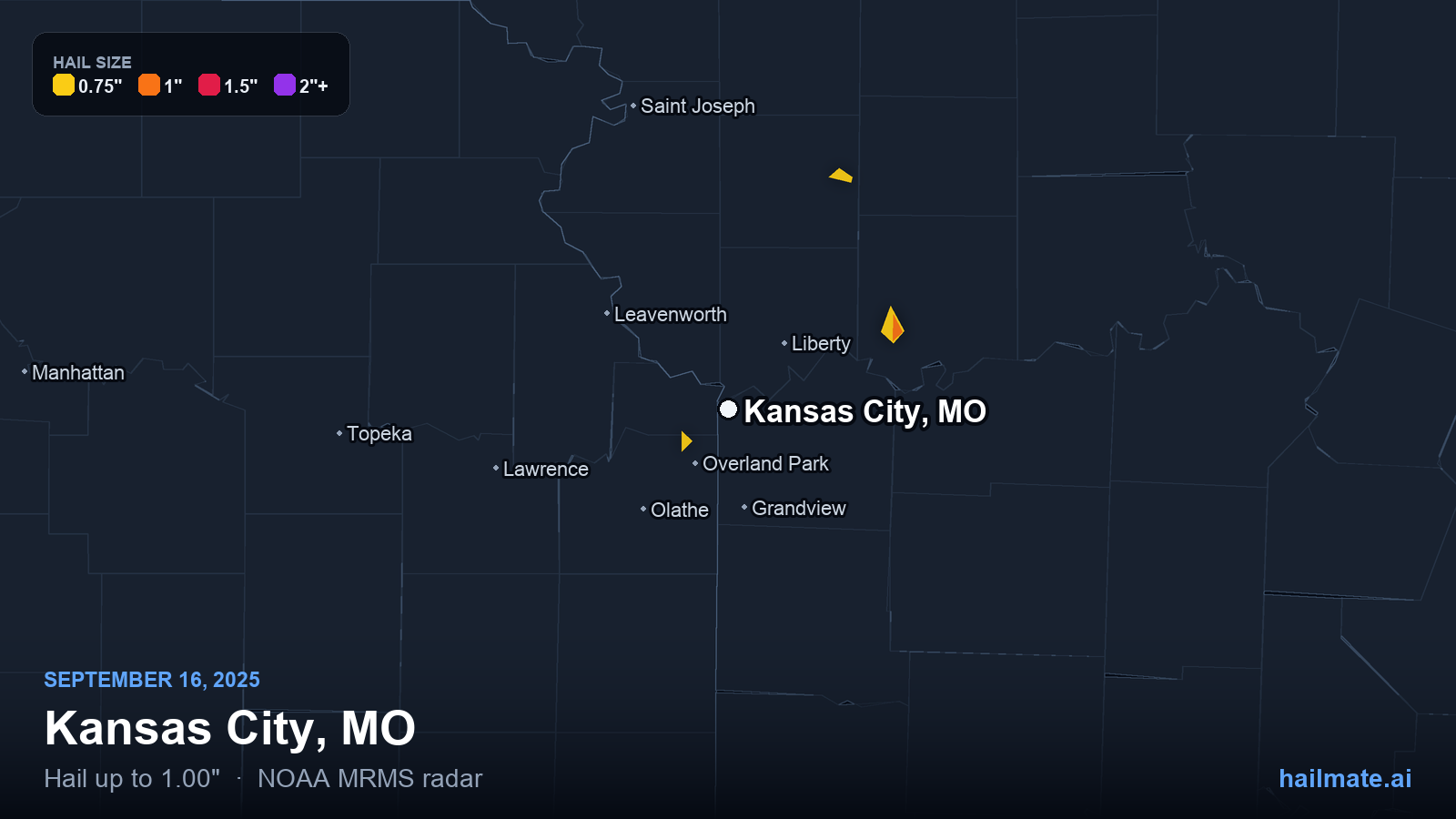 Hail swath map for Kansas City, MO on September 16, 2025 showing 1.00 inch hail.