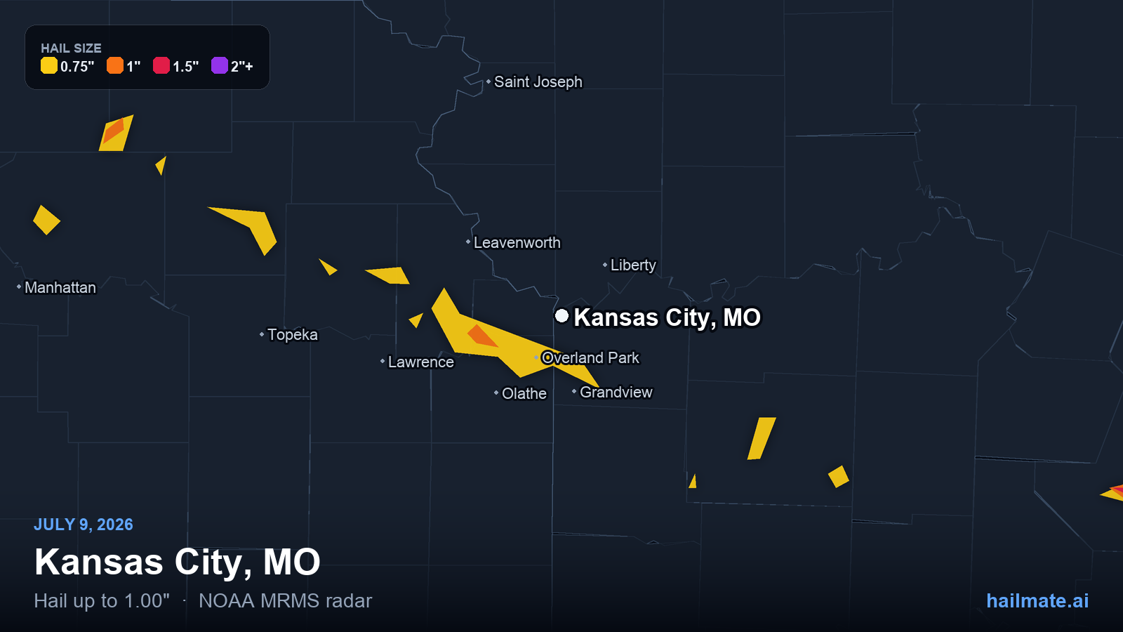 Hail swath map for Kansas City, MO on July 9, 2026 showing 1.00 inch hail.