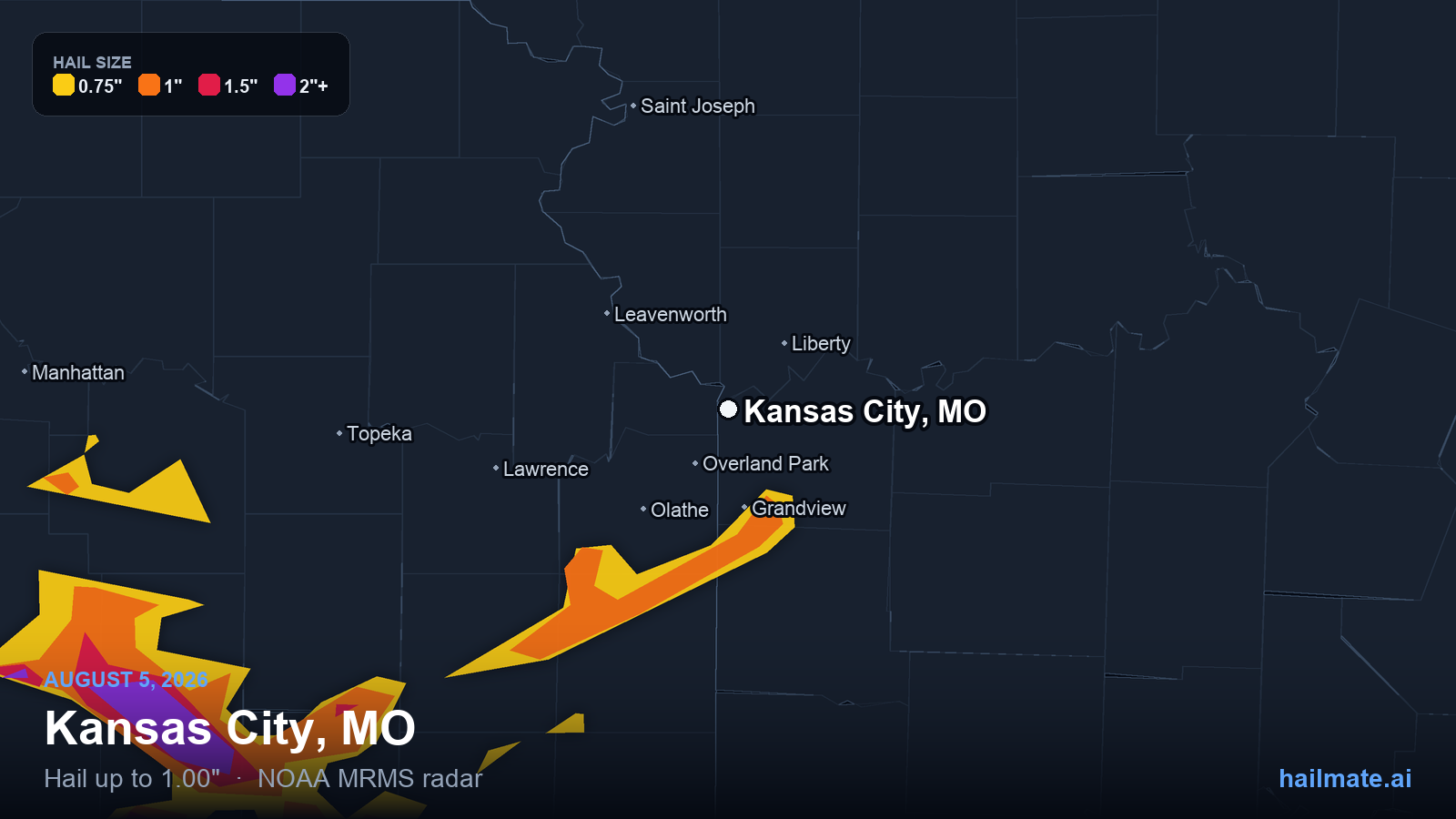 Hail swath map for Kansas City, MO on August 5, 2026 showing 1.00 inch hail.