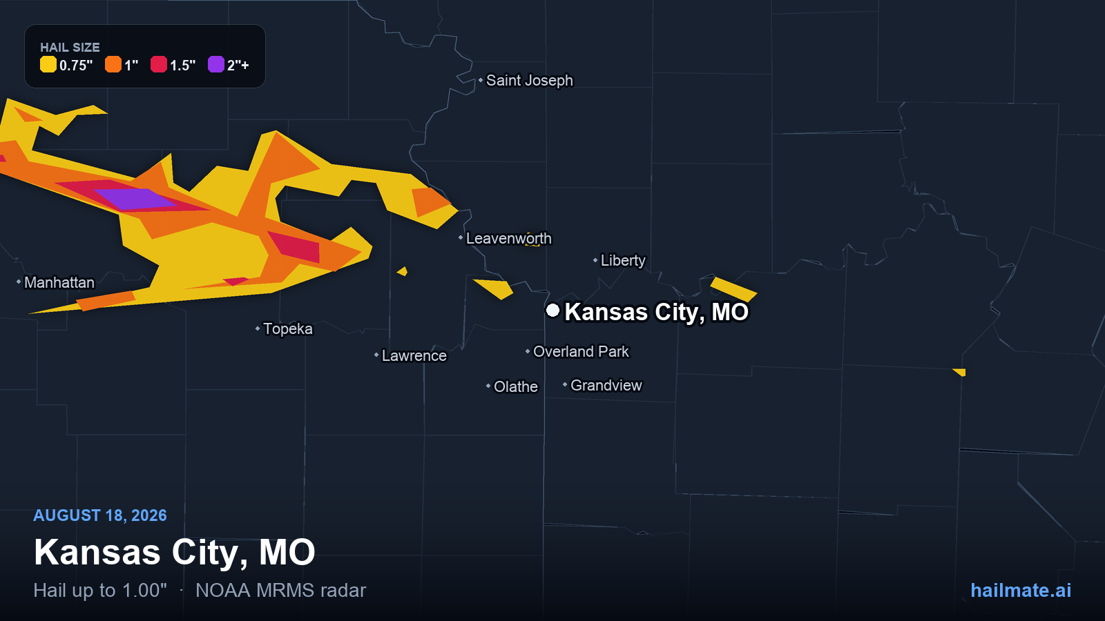 Hail swath map for Kansas City, MO on August 18, 2026 showing 1.00 inch hail.