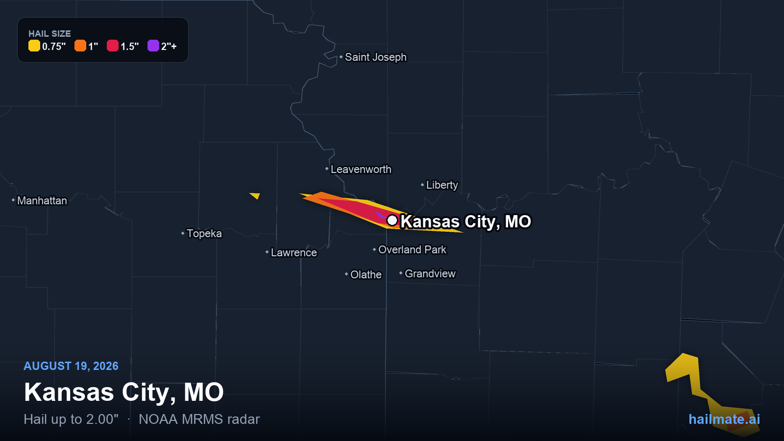 Hail swath map showing 2.00 inch hail over Kansas City, Missouri on August 19, 2026.