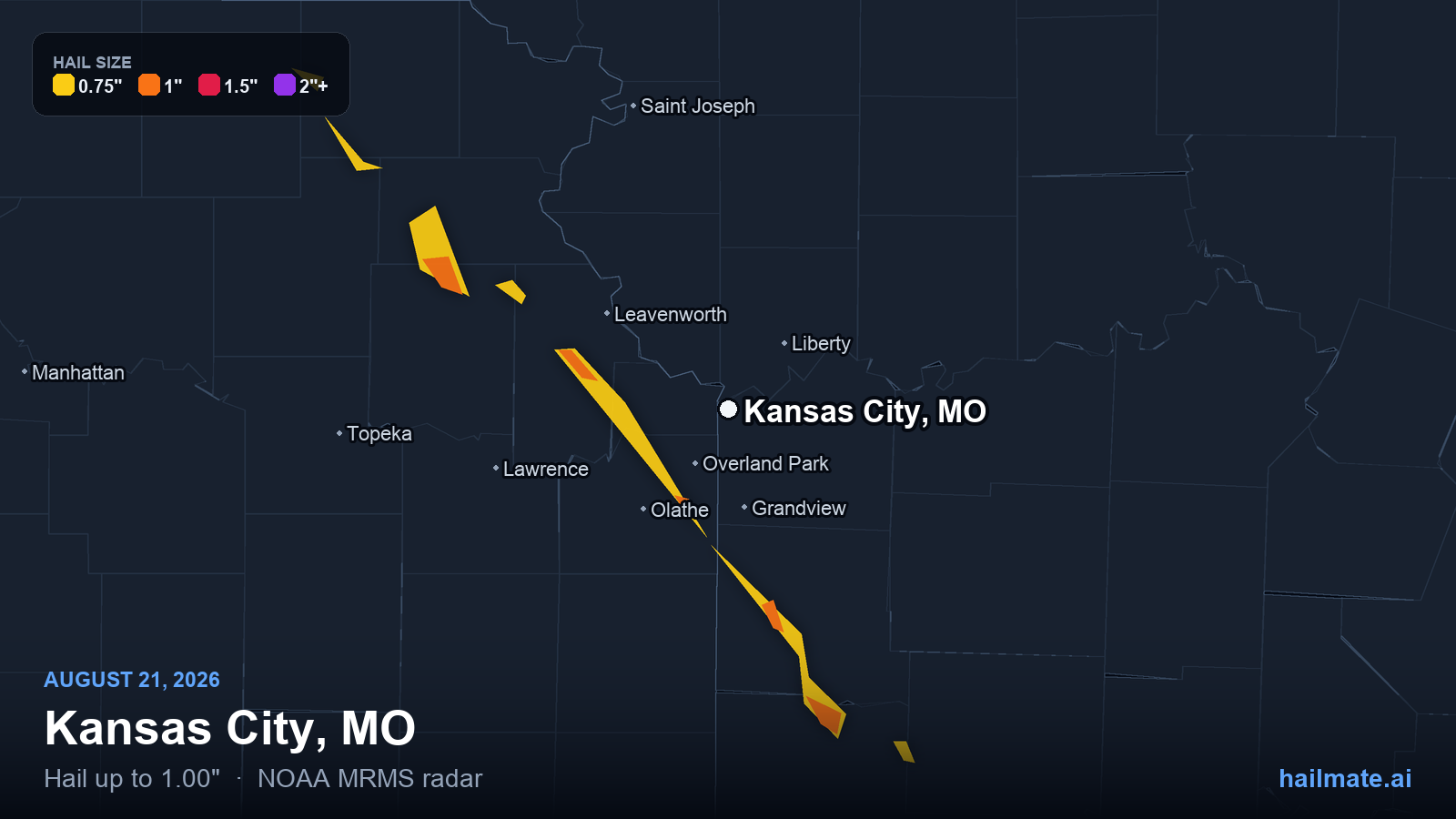 Hail swath map for Kansas City, MO on August 21, 2026 showing 1.00 inch hail.