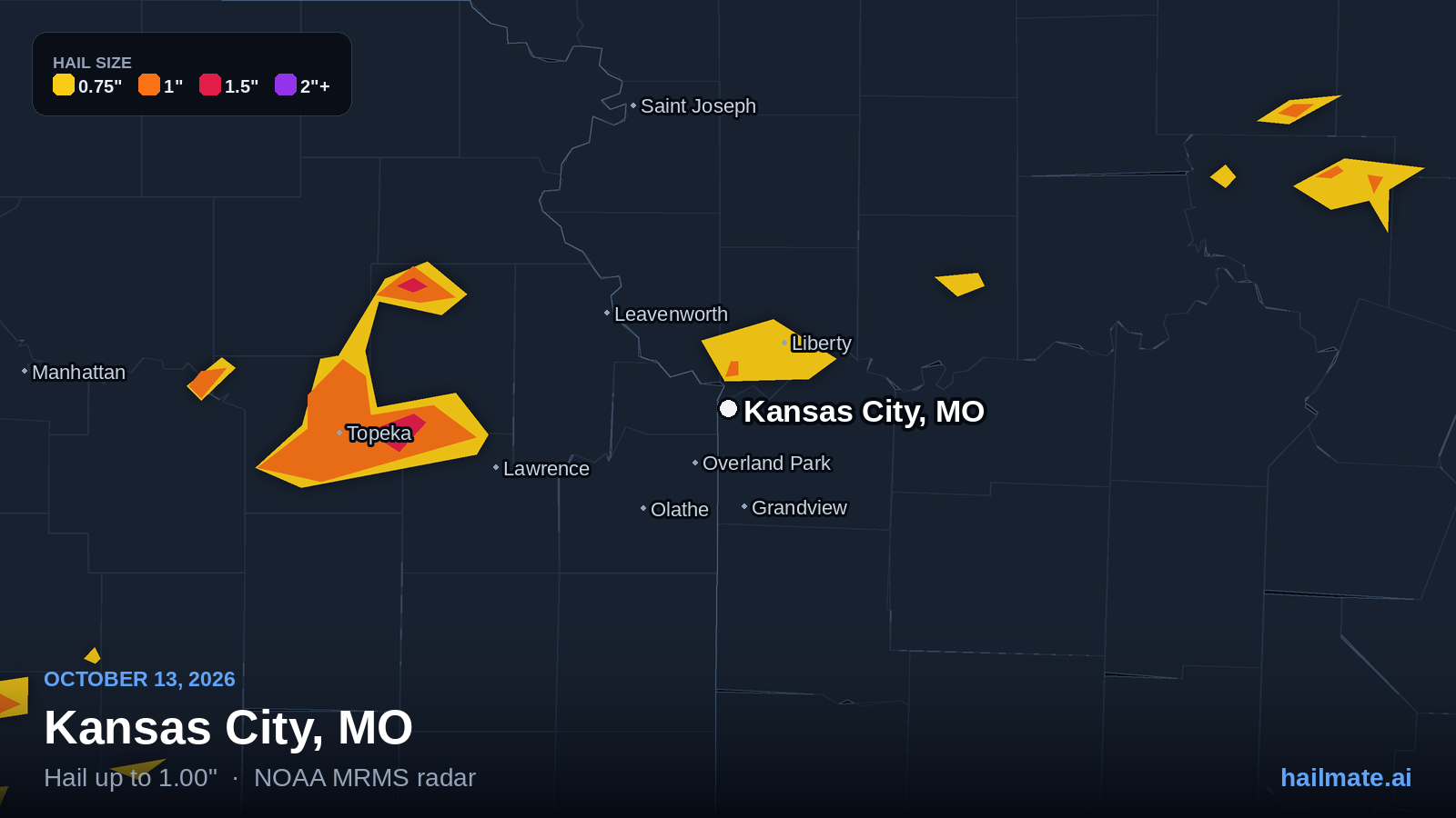 Hail swath map for Kansas City, MO on October 13, 2026 showing 1.00 inch hail.