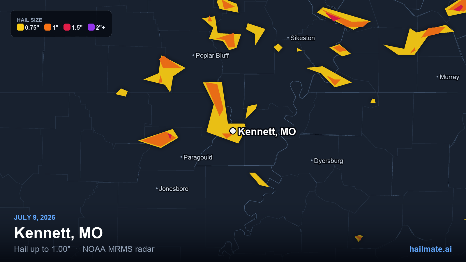 Hail swath map for Kennett, MO on July 9, 2026 showing 1.00 inch hail.
