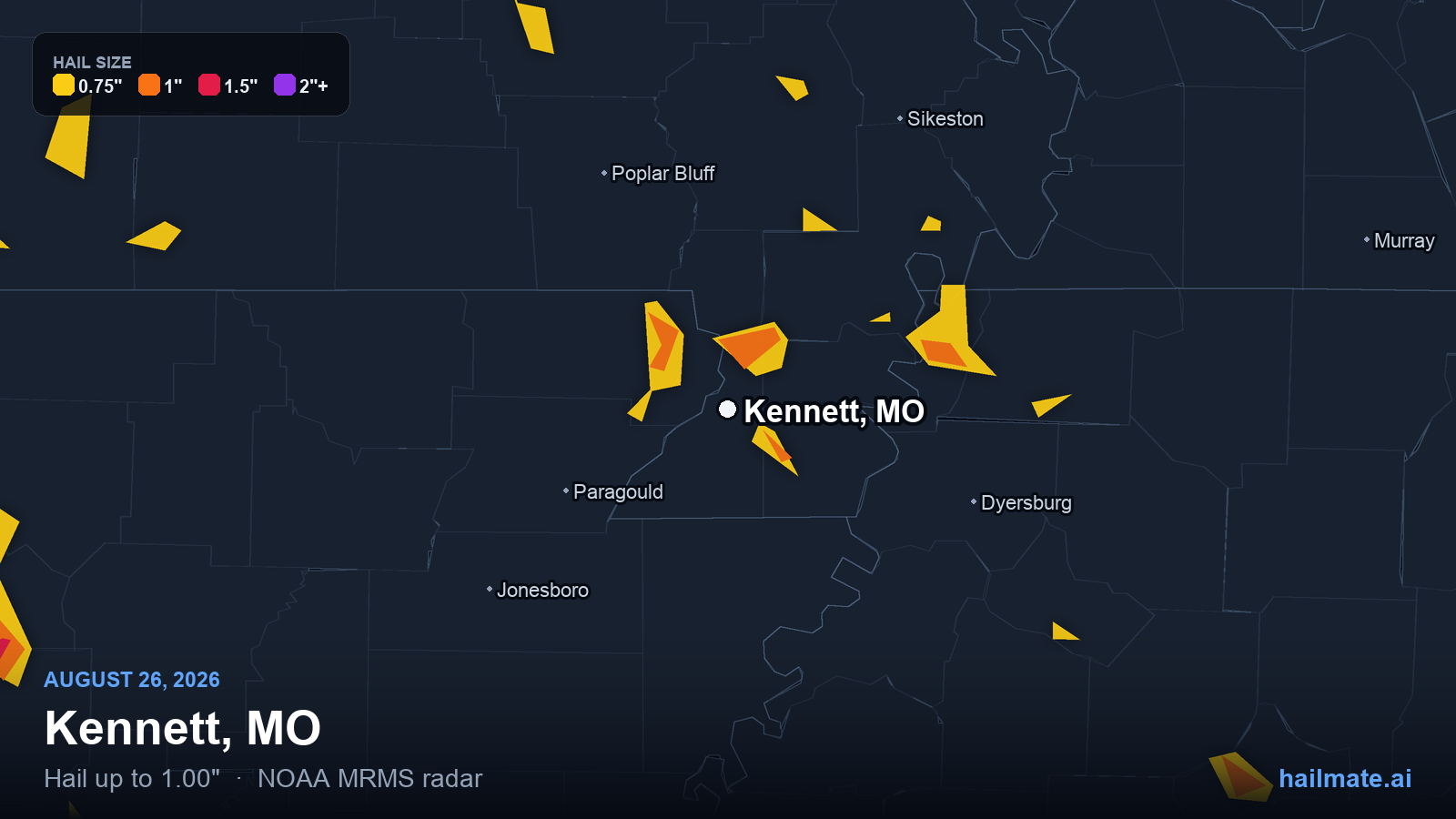 Hail swath map for Kennett, MO on August 26, 2026 showing 1.00 inch hail.