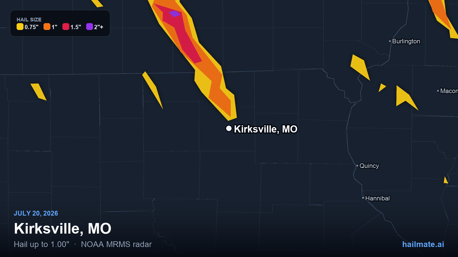 Hail swath map for Kirksville, MO on July 20, 2026 showing 1.00 inch hail.