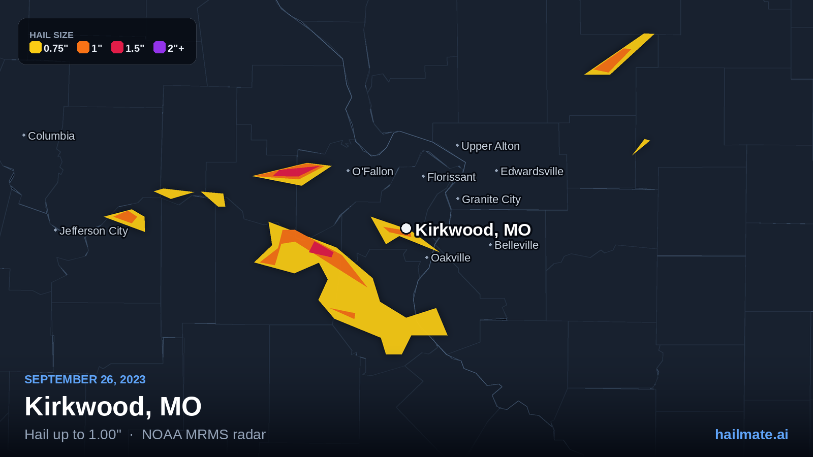Hail swath map for Kirkwood, MO on September 26, 2023 showing 1.00 inch hail.
