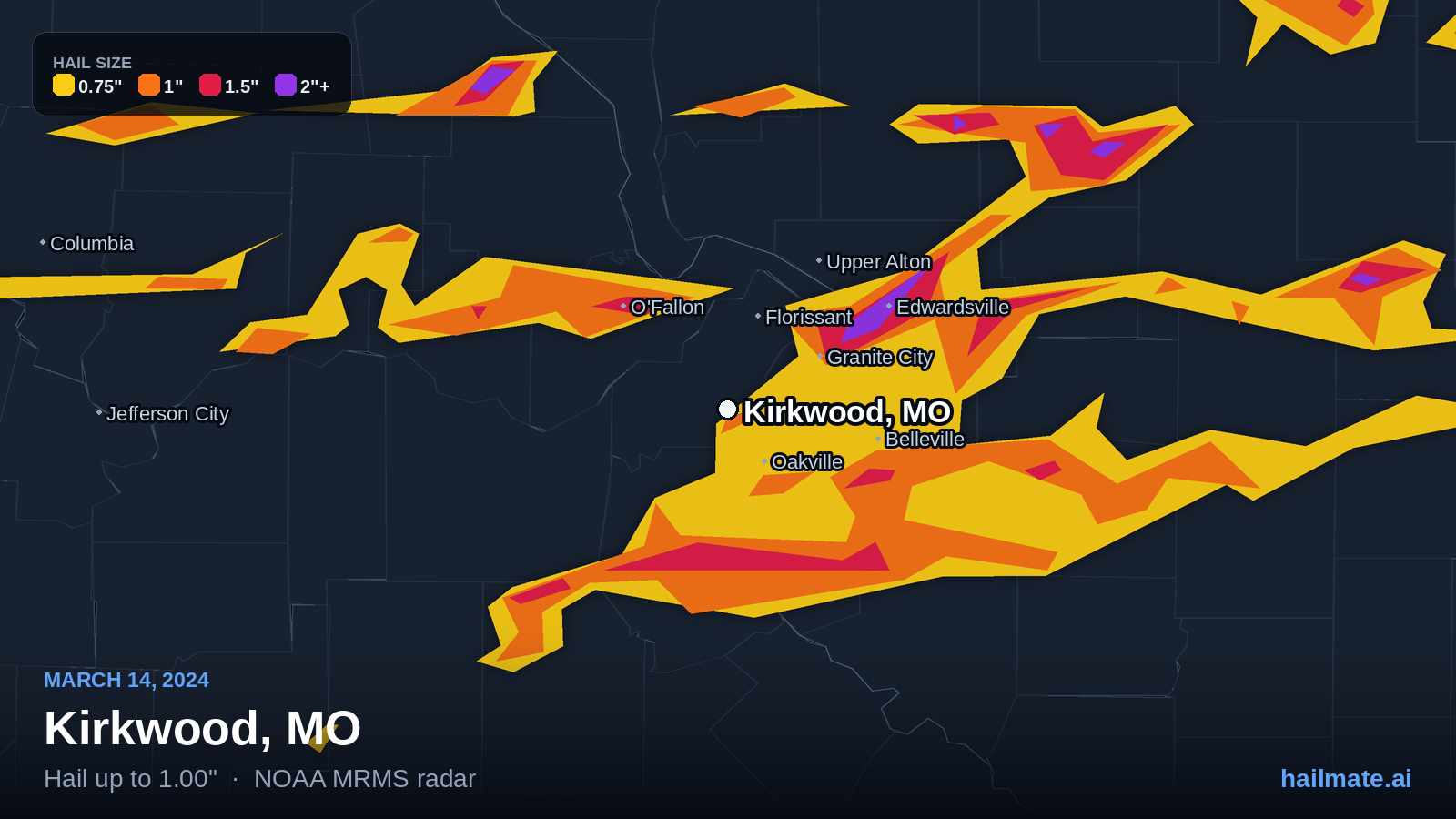Hail swath map for Kirkwood, MO on March 14, 2024 showing 1.00 inch hail.