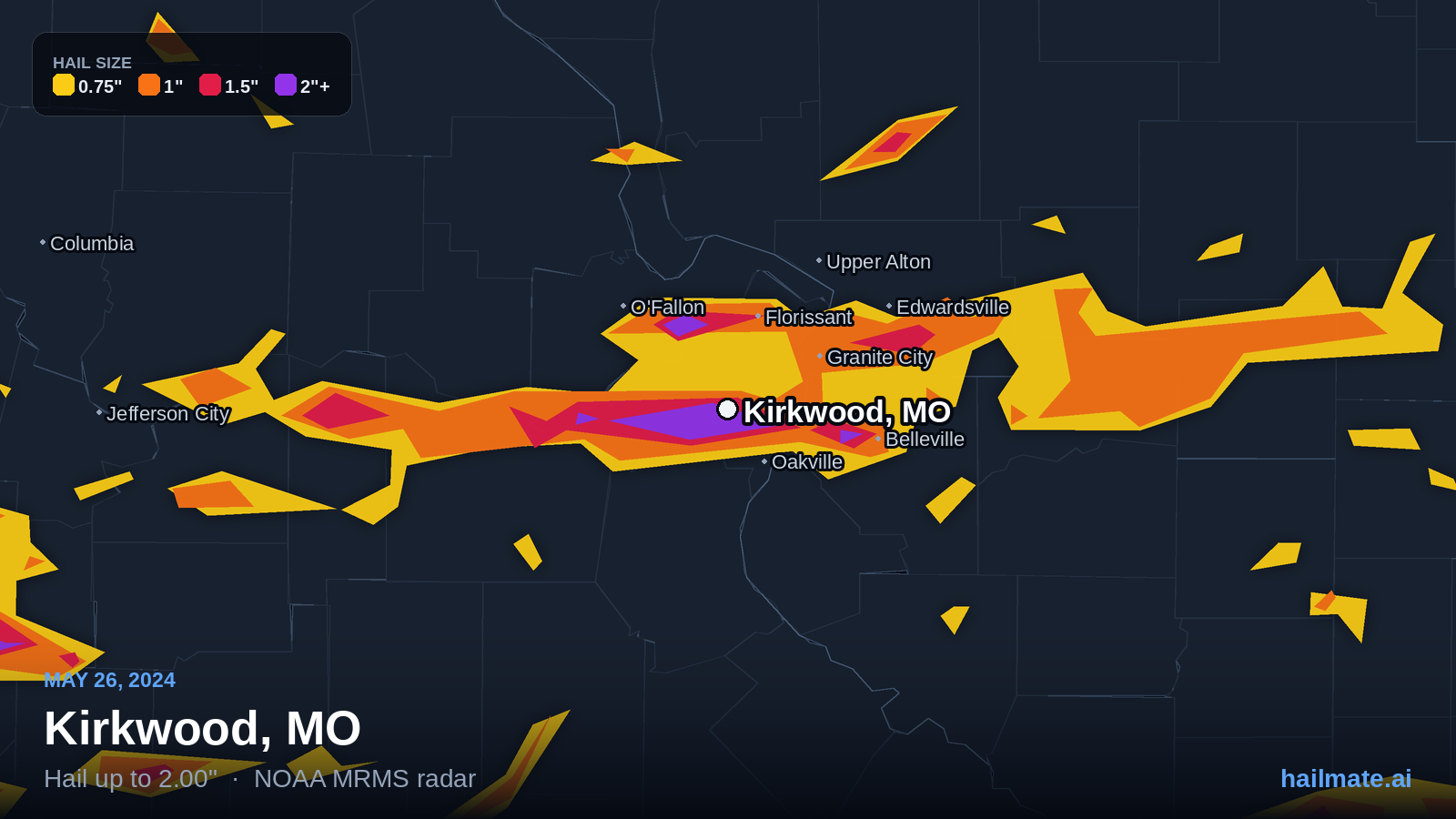 Hail swath map for Kirkwood, MO on May 26, 2024 showing 2.00 inch hail.