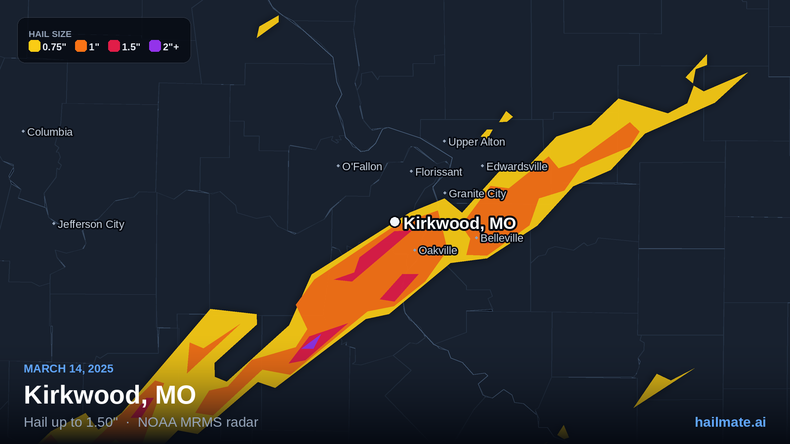 Hail swath map for Kirkwood, MO on March 14, 2025 showing 1.50 inch hail.