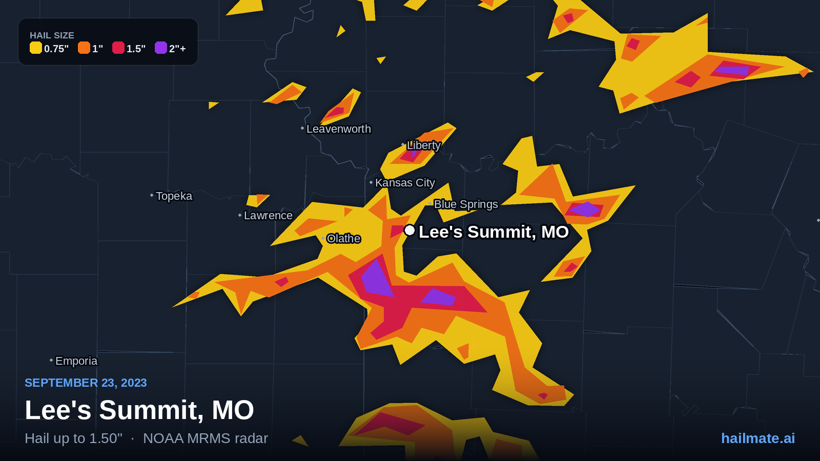 Hail swath map for Lee's Summit, MO on September 23, 2023 showing 1.50 inch hail.