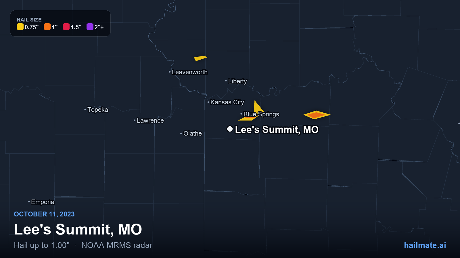 Hail swath map for Lee's Summit, MO on October 11, 2023 showing 1.00 inch hail.