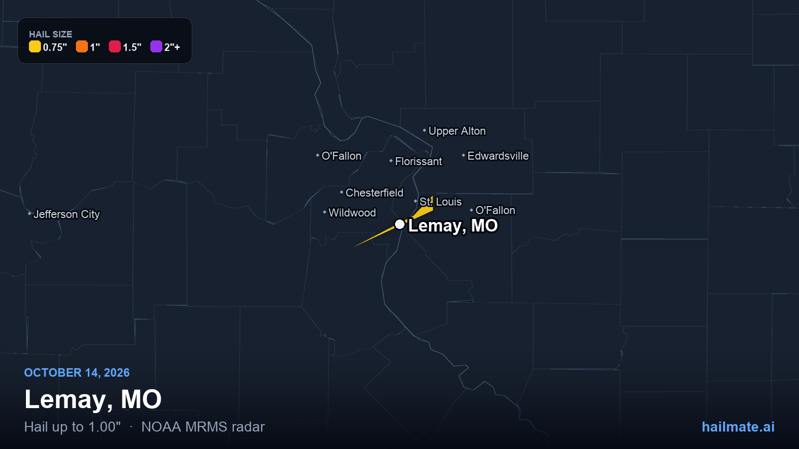 Hail swath map for Lemay, MO on October 14, 2026 showing 1.00 inch hail.