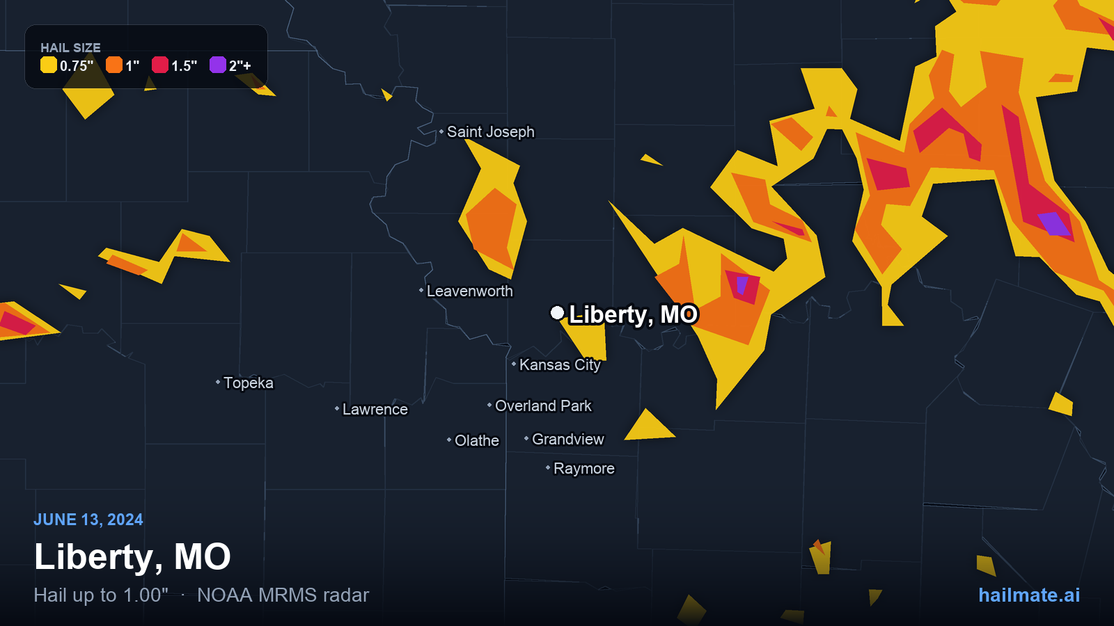 Hail swath map for Liberty, MO on June 13, 2024 showing 1.00 inch hail.