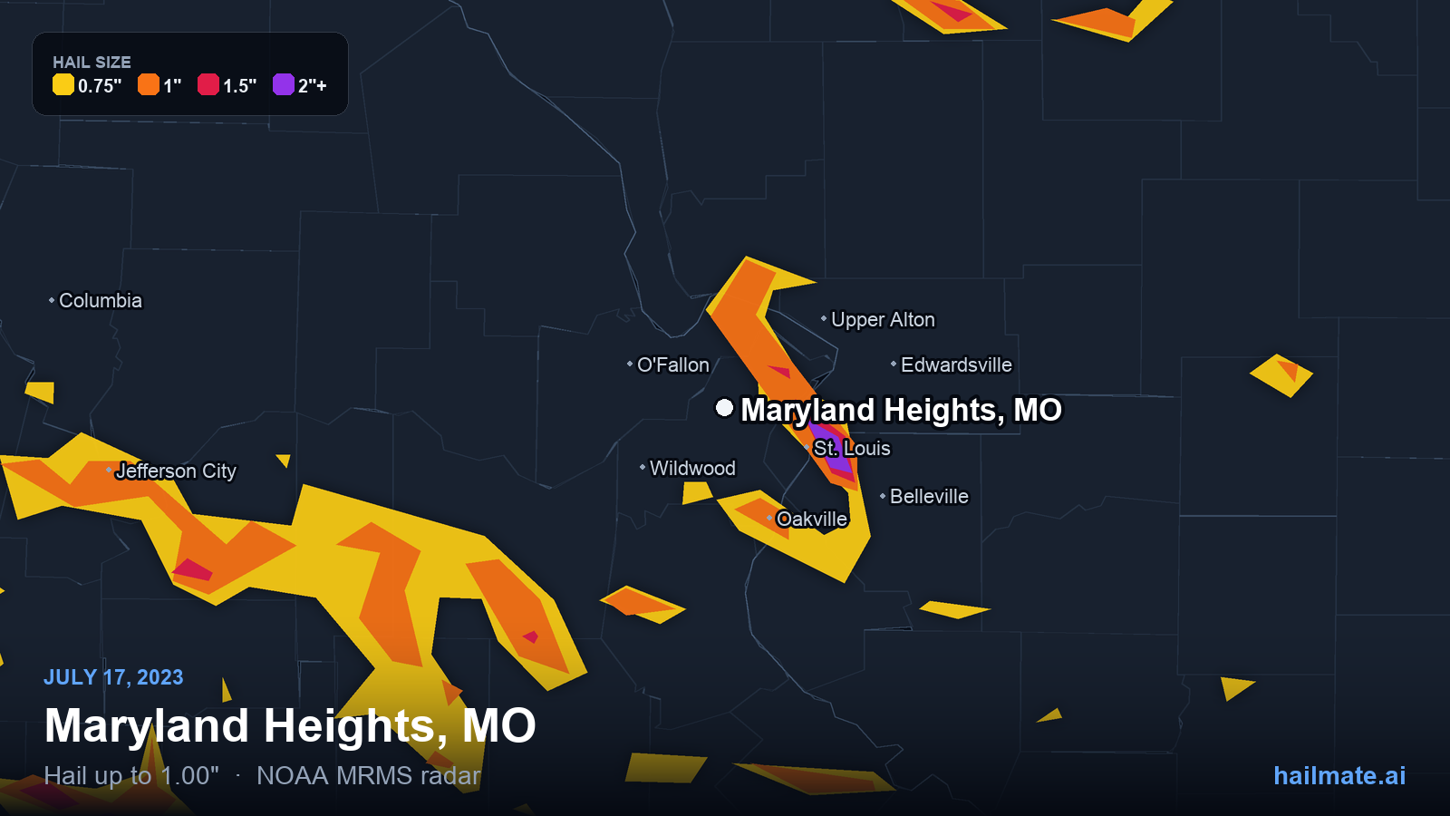 Hail swath map for Maryland Heights, MO on July 17, 2023 showing 1.00 inch hail.
