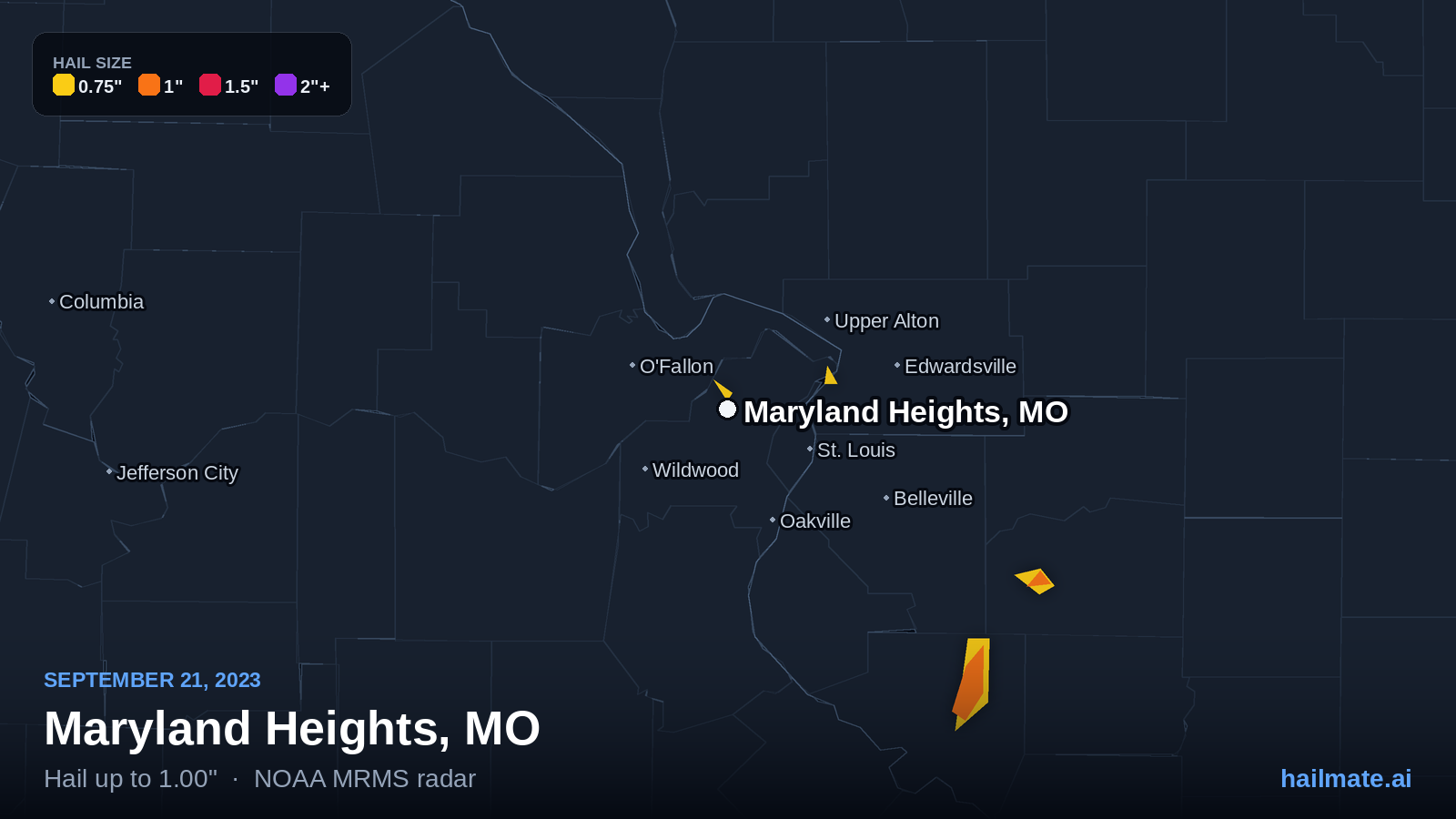 Hail swath map for Maryland Heights, MO on September 21, 2023 showing 1.00 inch hail.