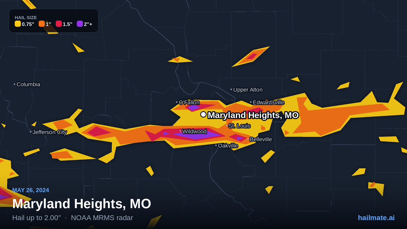 Hail swath map for Maryland Heights, MO on May 26, 2024 showing 2.00 inch hail.