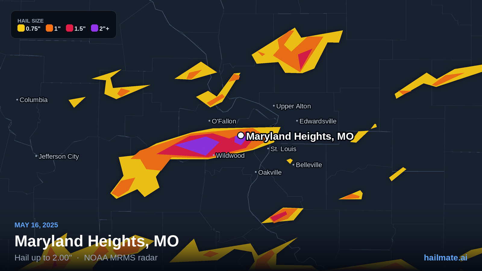Hail swath map for Maryland Heights, MO on May 16, 2025 showing 2.00 inch hail.