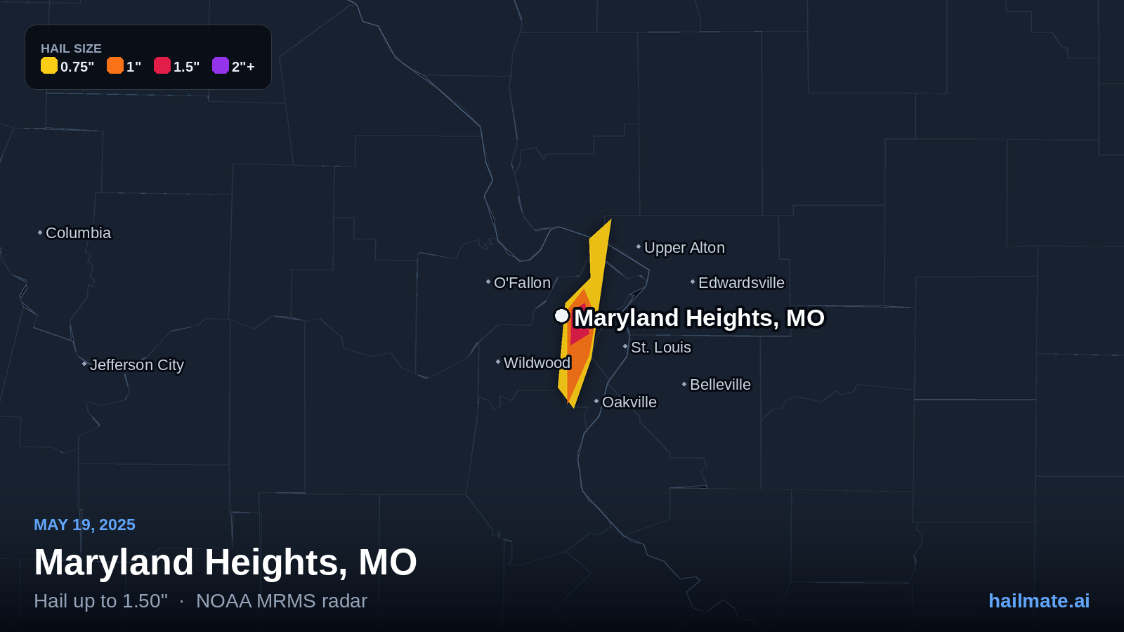 Hail swath map for Maryland Heights, MO on May 19, 2025 showing 1.50 inch hail.