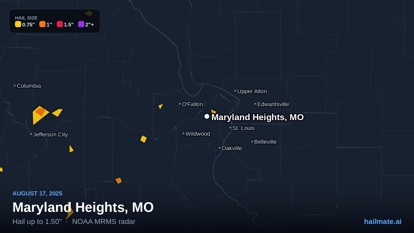 Hail swath map for Maryland Heights, MO on August 17, 2025 showing 1.50 inch hail.