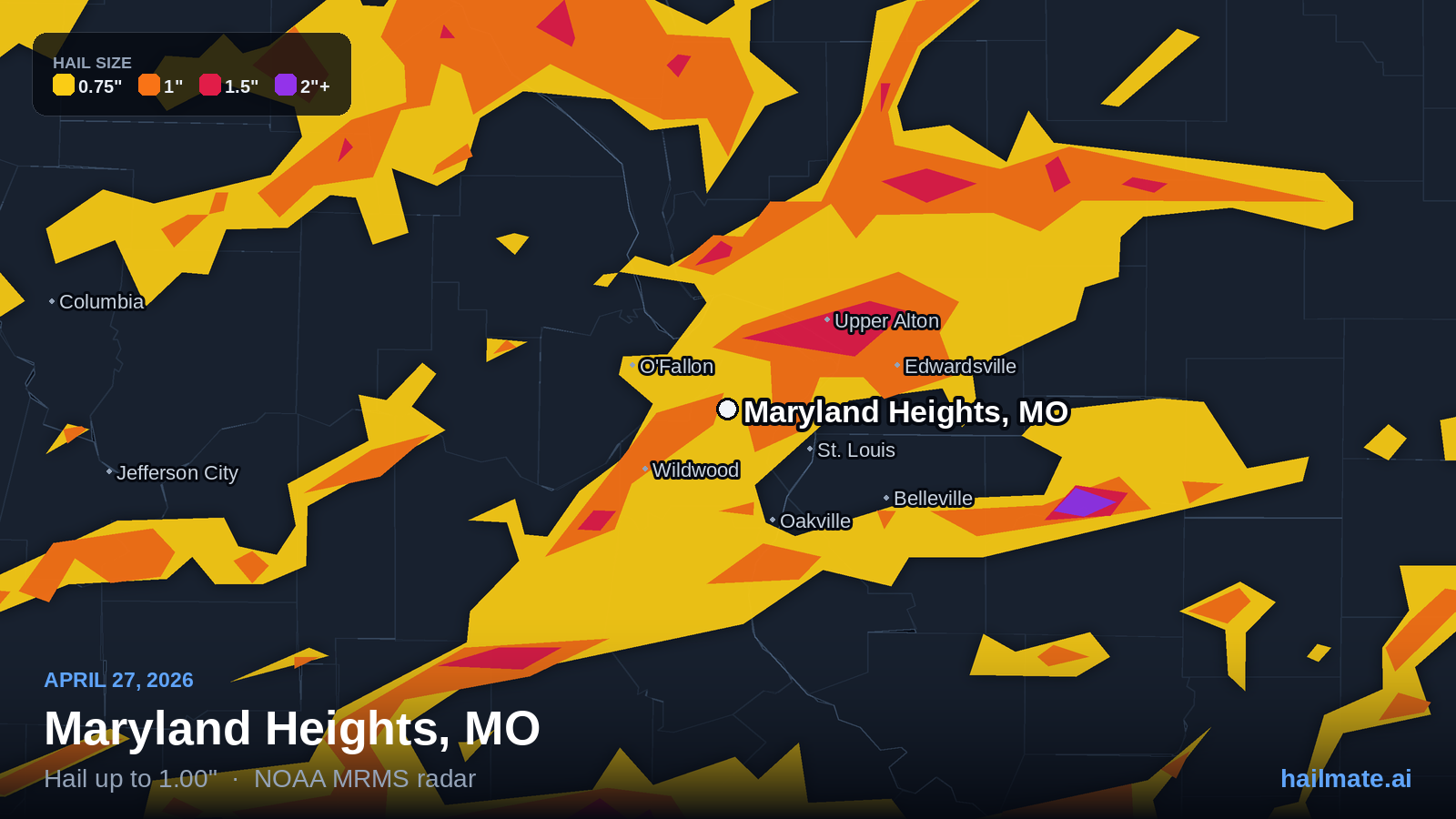 Hail swath map for Maryland Heights, MO on April 27, 2026 showing 1.00 inch hail.
