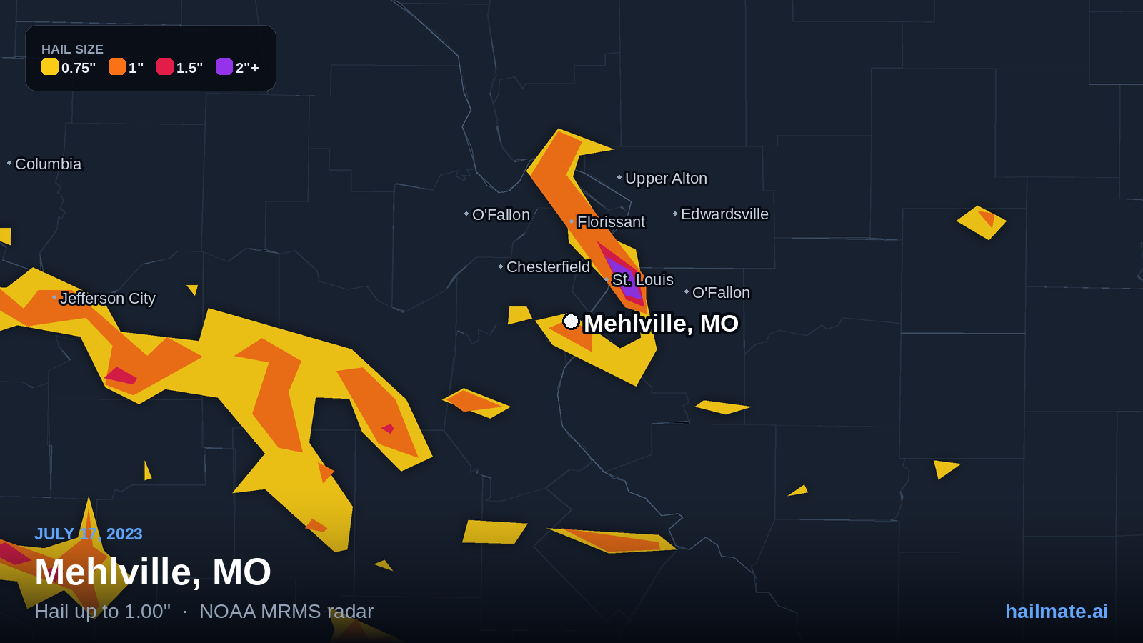 Hail swath map for Mehlville, MO on July 17, 2023 showing 1.00 inch hail.