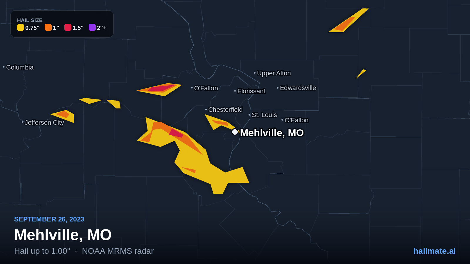 Hail swath map for Mehlville, MO on September 26, 2023 showing 1.00 inch hail.