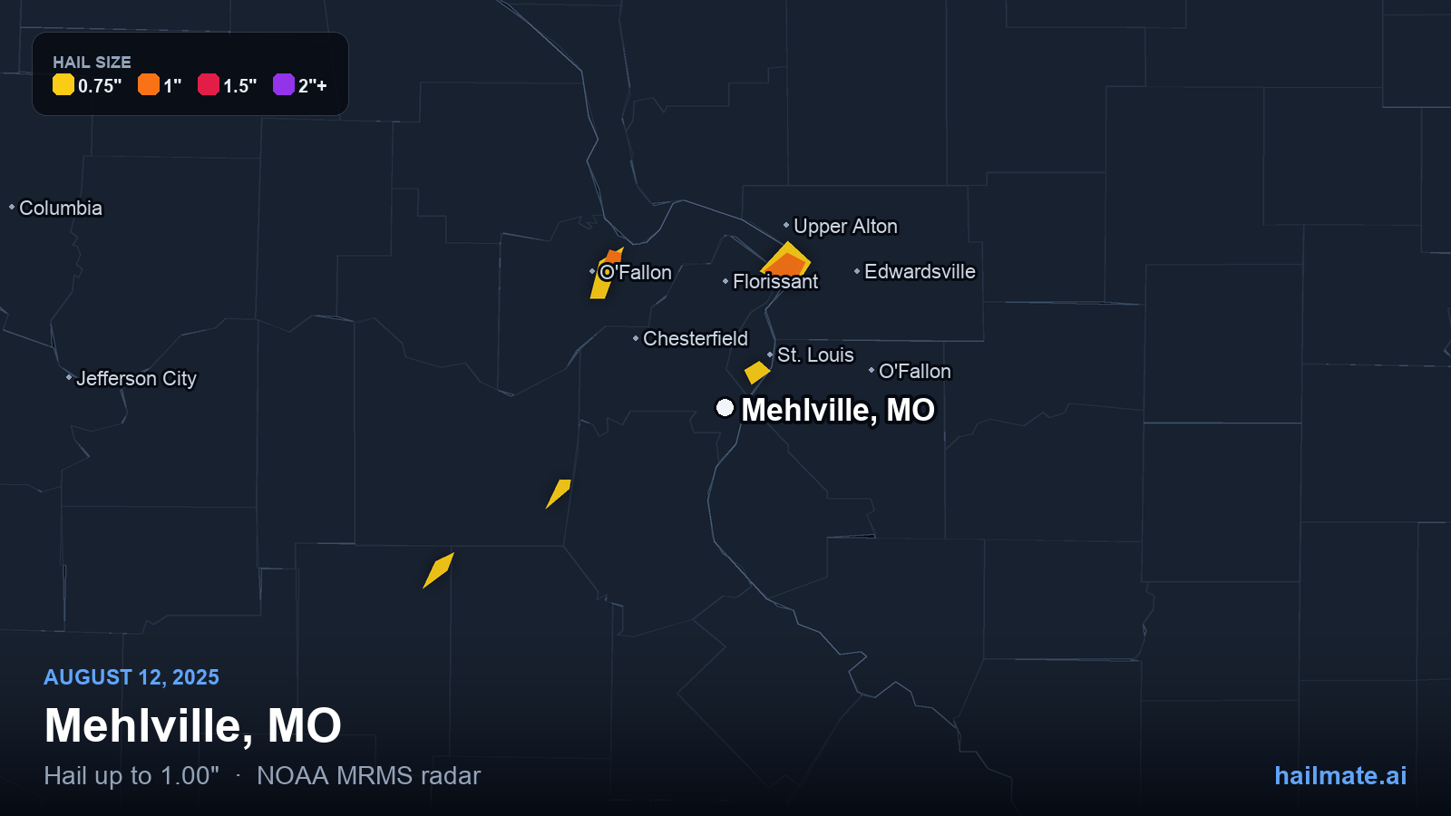 Hail swath map for Mehlville, MO on August 12, 2025 showing 1.00 inch hail.