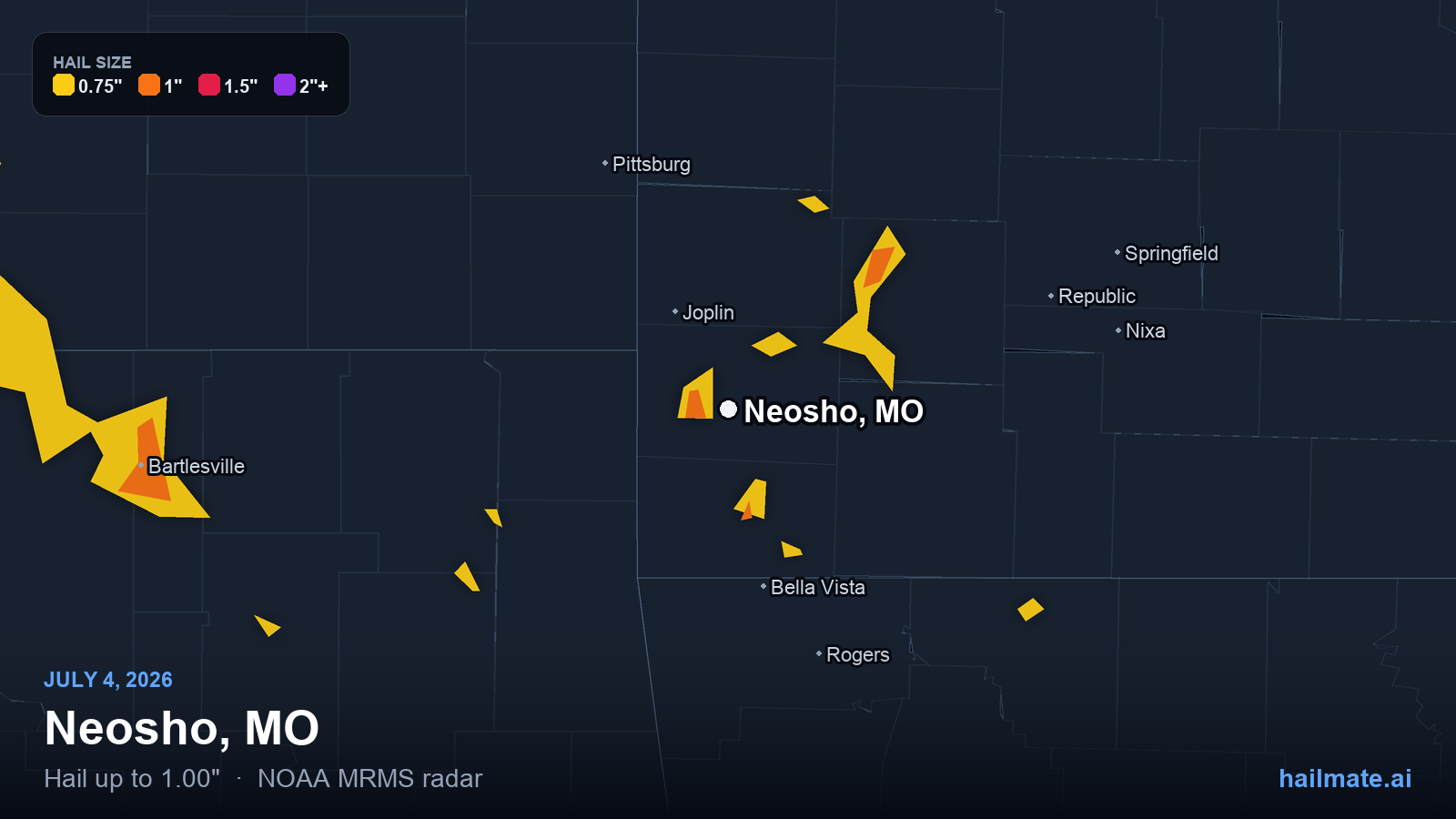 Hail swath map for Neosho, MO on July 4, 2026 showing 1.00 inch hail.