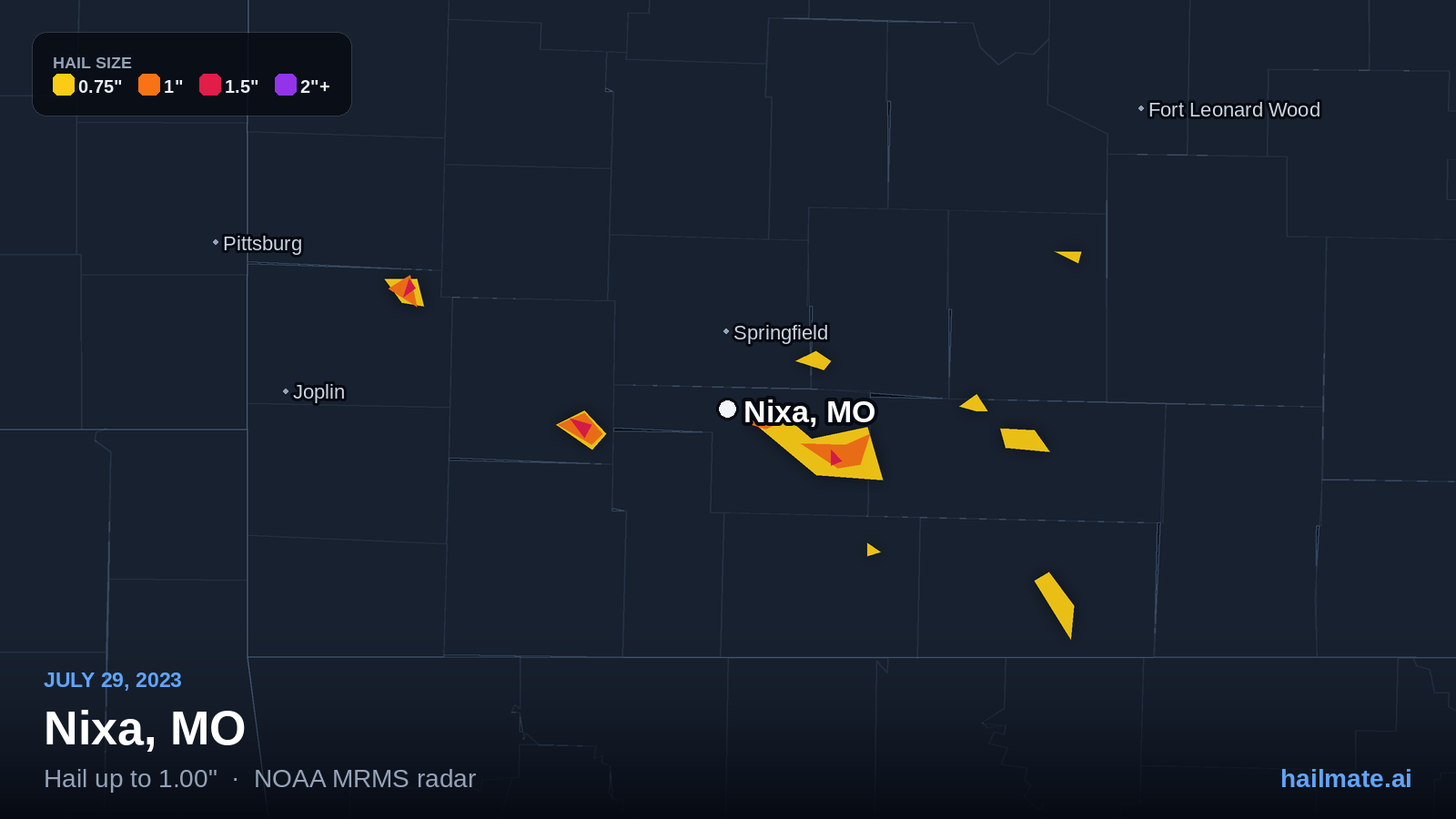 Hail swath map for Nixa, MO on July 29, 2023 showing 1.00 inch hail.