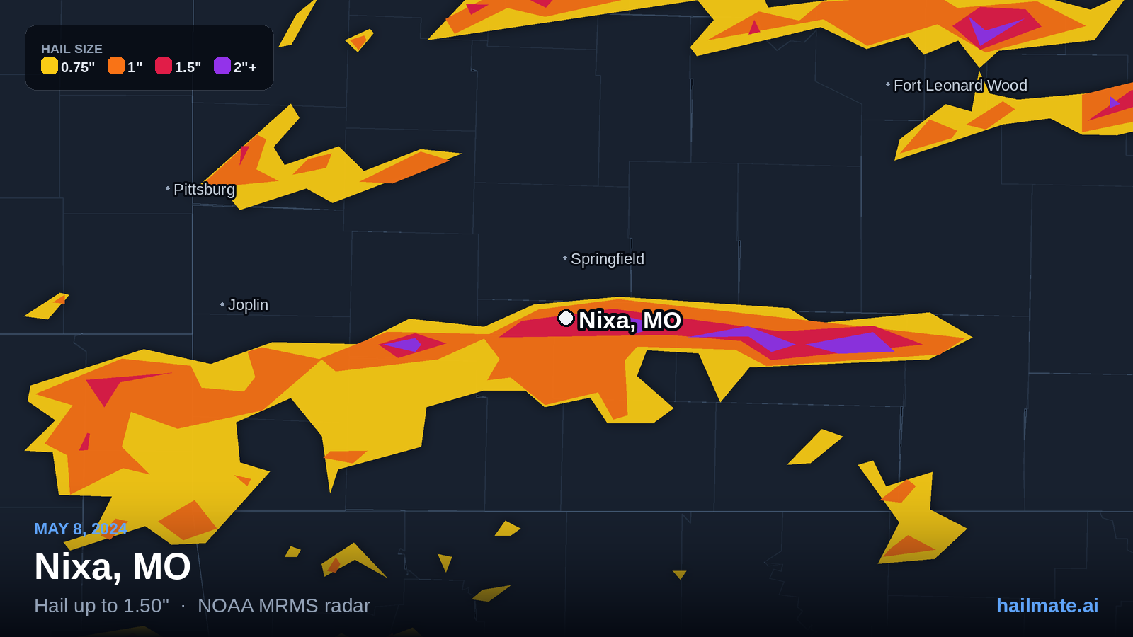 Hail swath map for Nixa, MO on May 8, 2024 showing 1.50 inch hail.