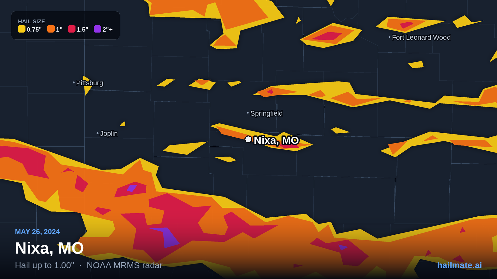 Hail swath map for Nixa, MO on May 26, 2024 showing 1.00 inch hail.