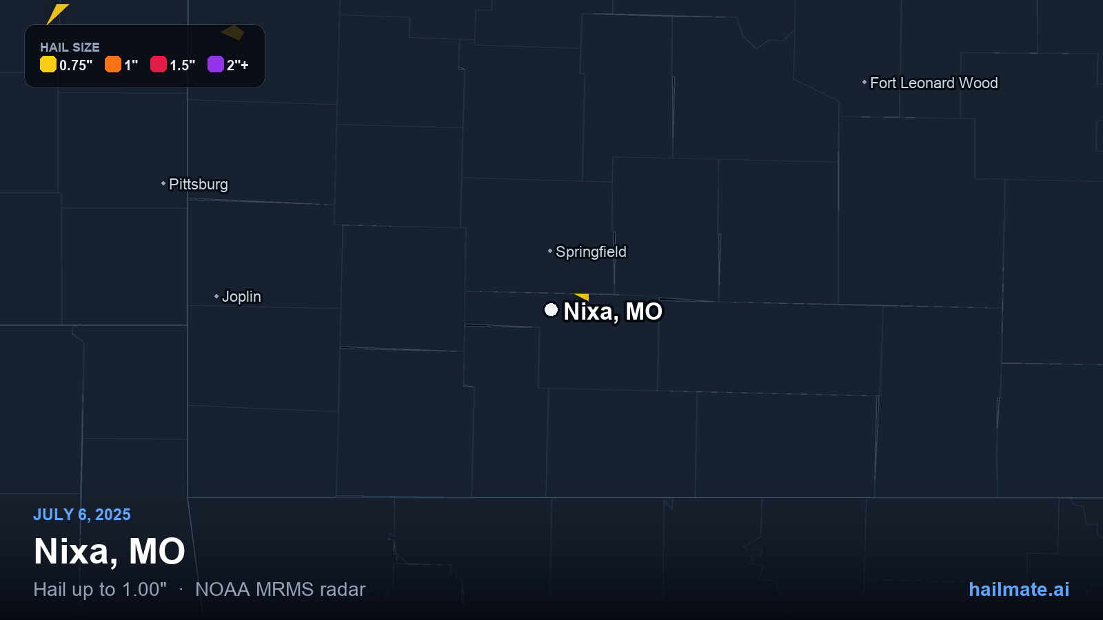 Hail swath map for Nixa, MO on July 6, 2025 showing 1.00 inch hail.