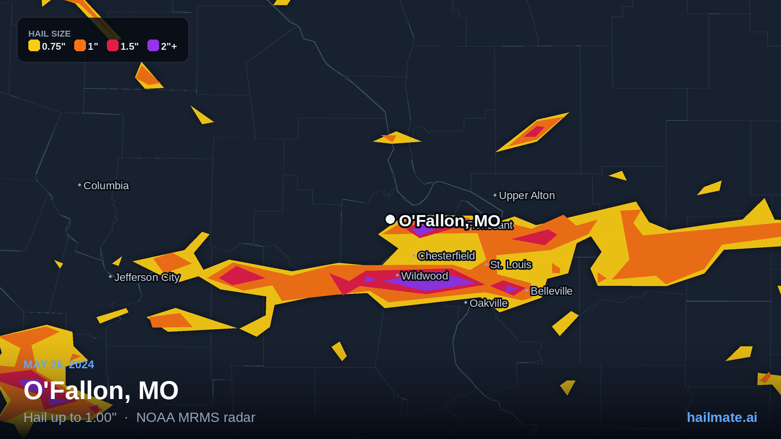 Hail swath map for O'Fallon, MO on May 26, 2024 showing 1.00 inch hail.