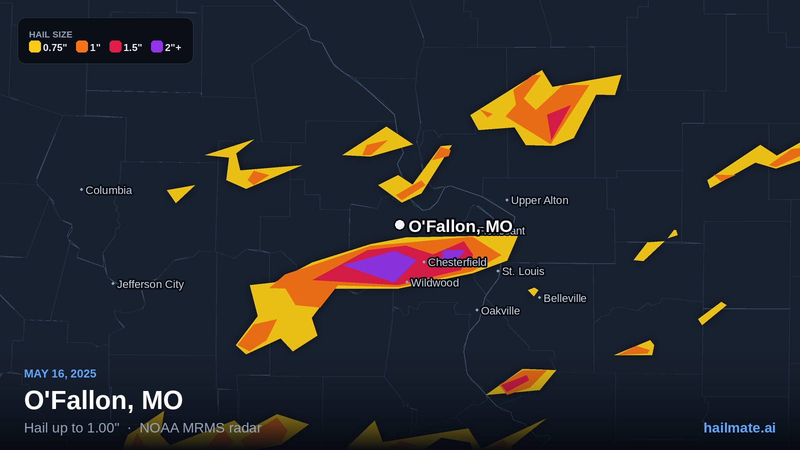 Hail swath map for O'Fallon, MO on May 16, 2025 showing 1.00 inch hail.