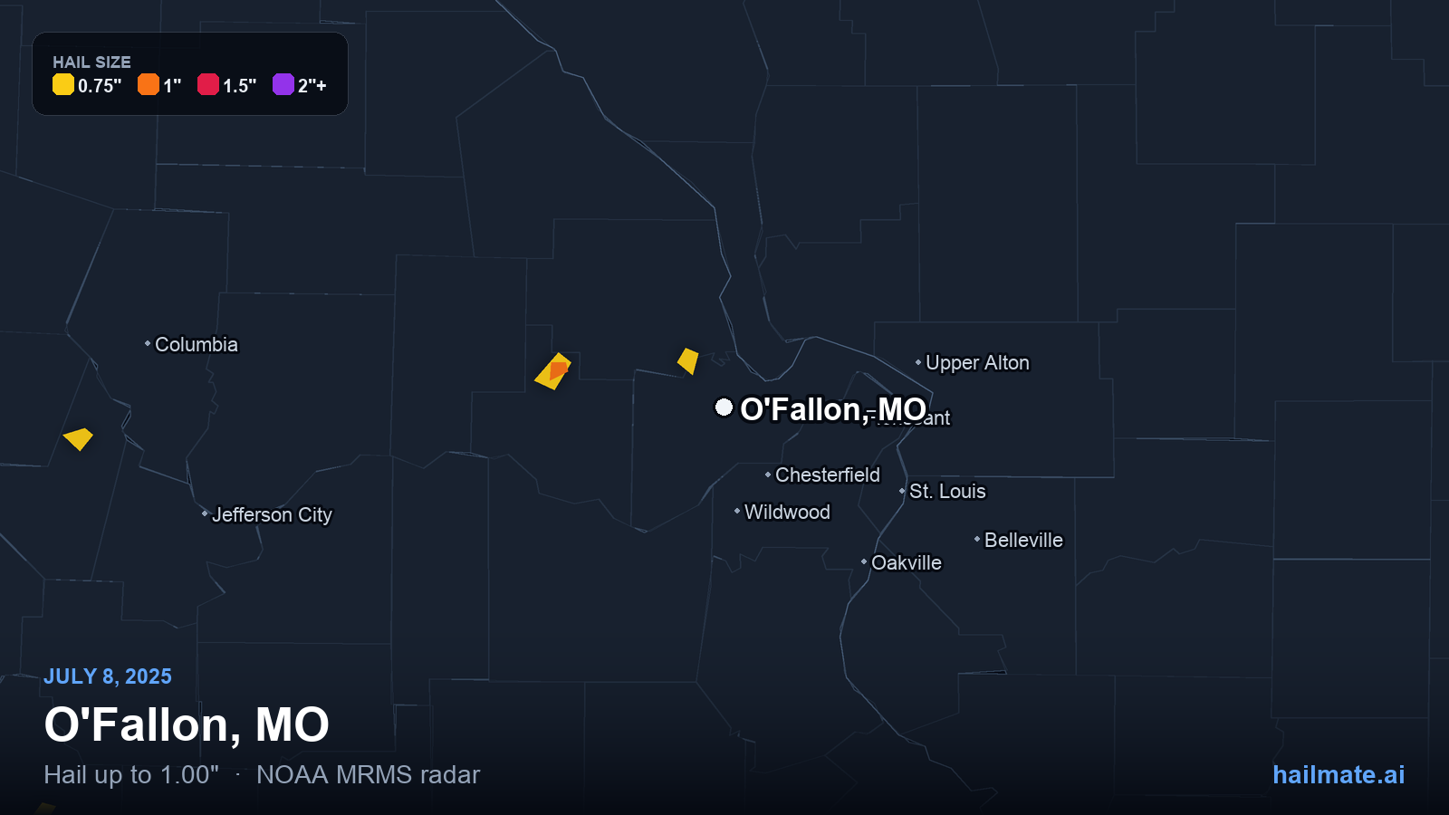 Hail swath map for O'Fallon, MO on July 8, 2025 showing 1.00 inch hail.