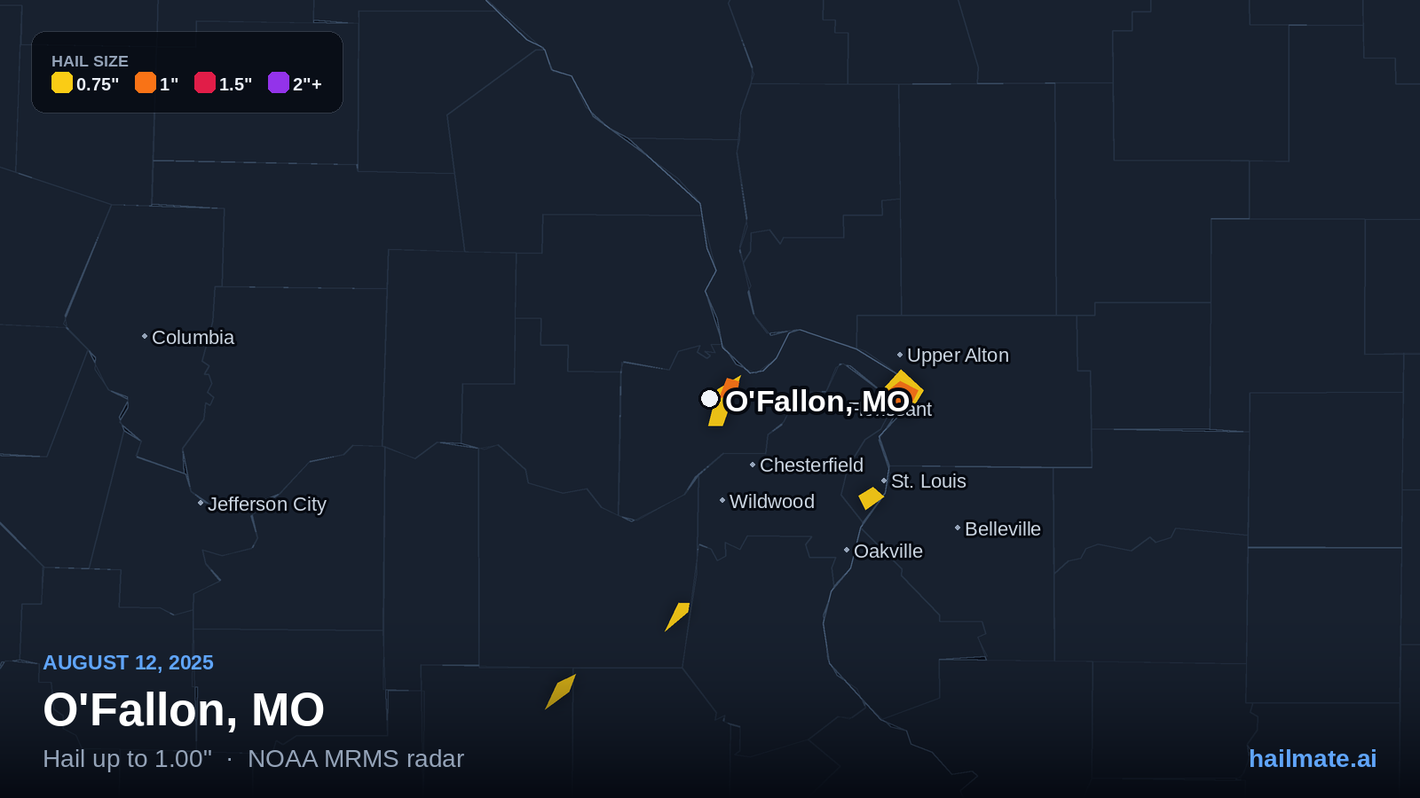 Hail swath map for O'Fallon, MO on August 12, 2025 showing 1.00 inch hail.
