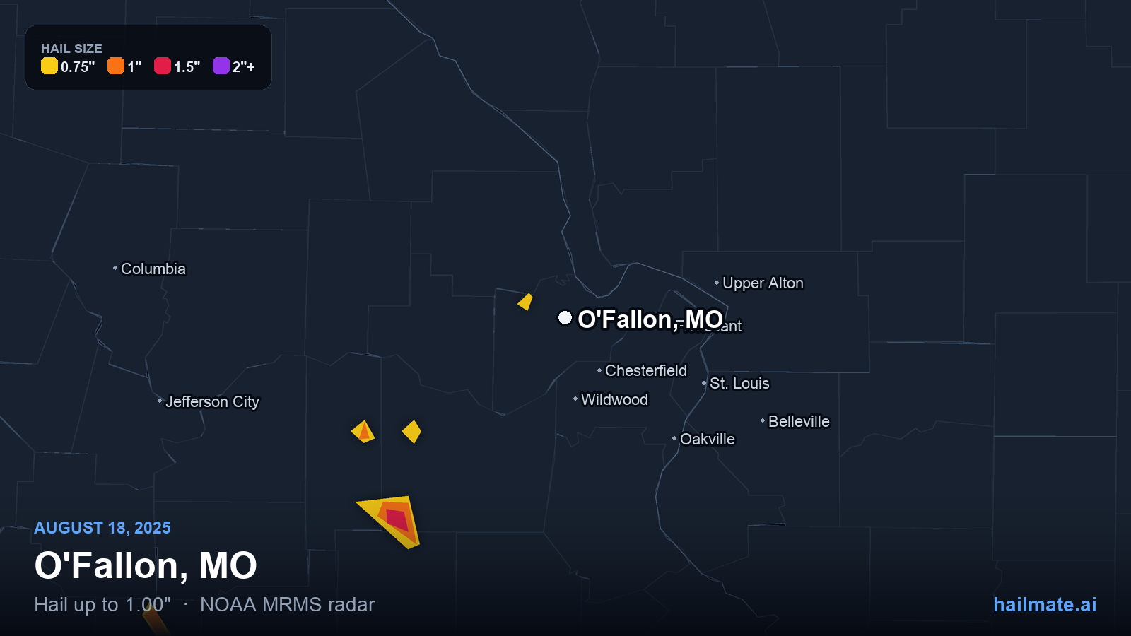 Hail swath map for O'Fallon, MO on August 18, 2025 showing 1.00 inch hail.