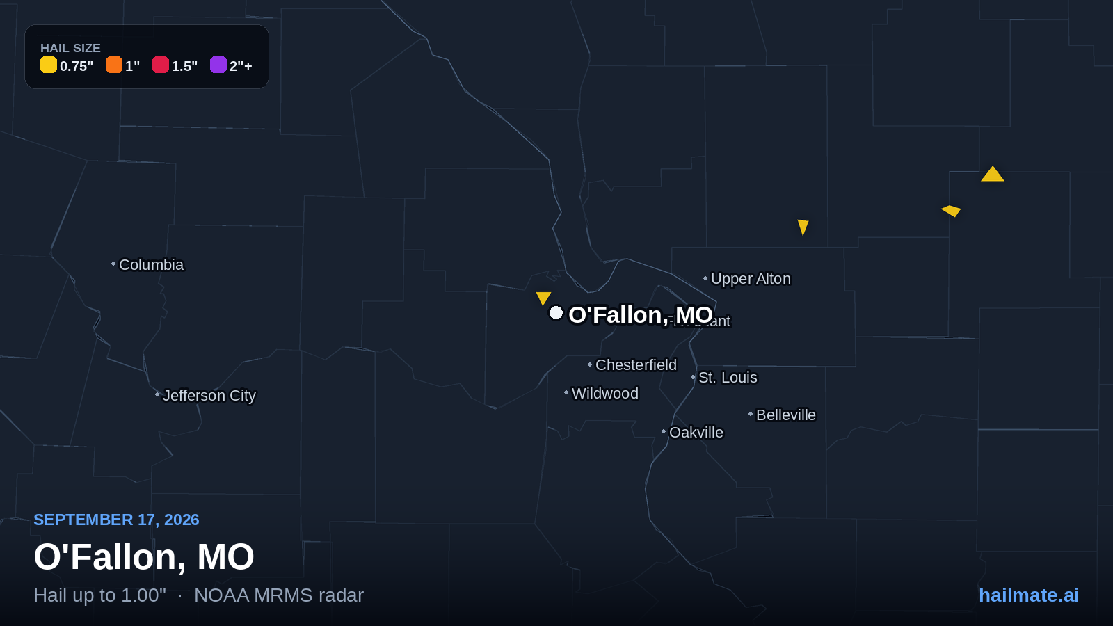 Hail swath map showing 1.00 inch hail over O'Fallon, Missouri on September 17, 2026.