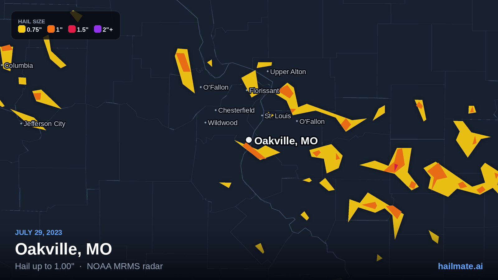 Hail swath map for Oakville, MO on July 29, 2023 showing 1.00 inch hail.
