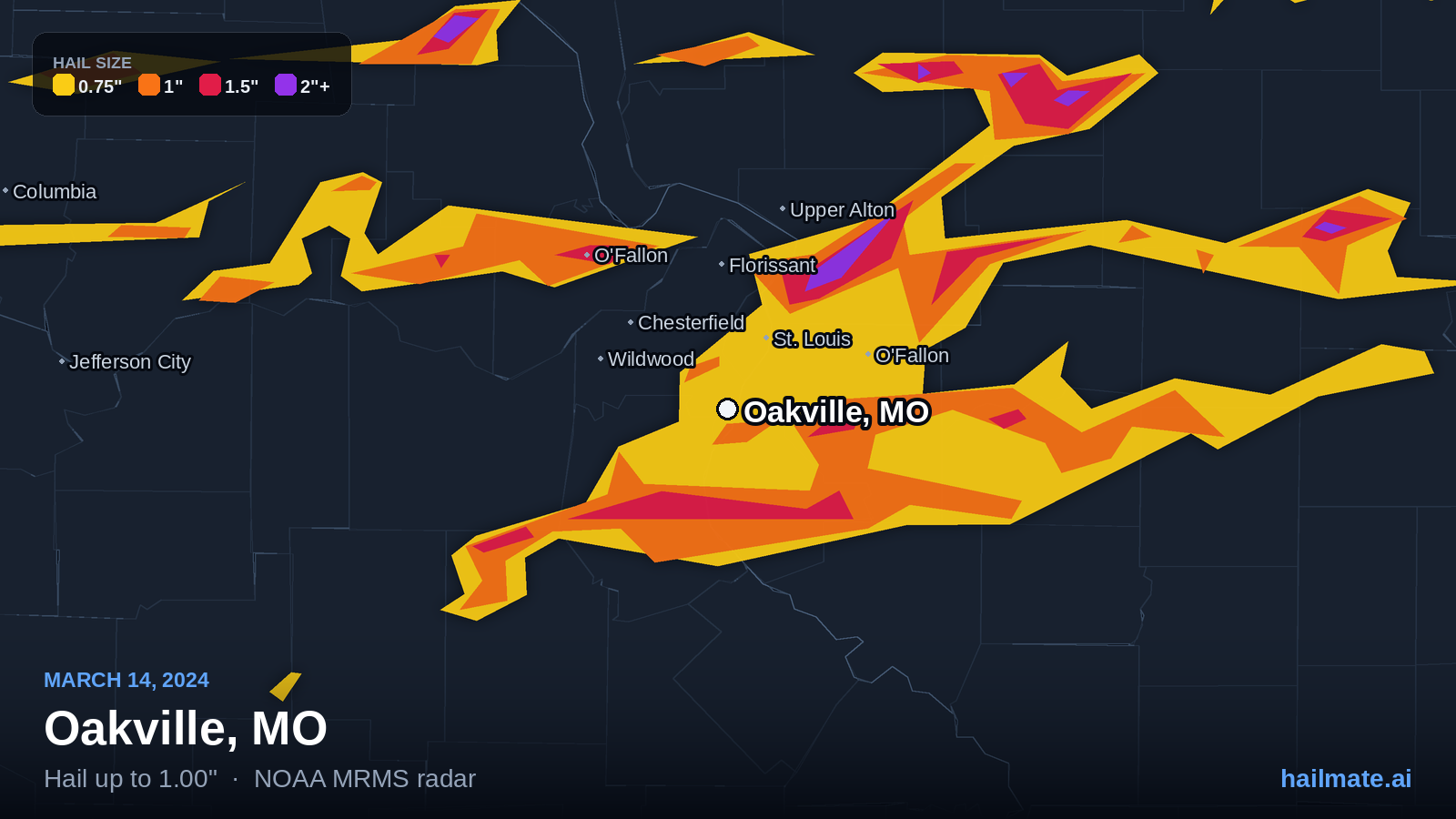 Hail swath map for Oakville, MO on March 14, 2024 showing 1.00 inch hail.