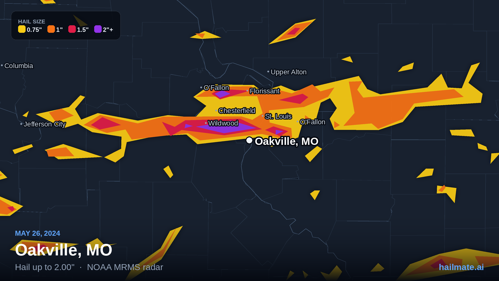 Hail swath map for Oakville, MO on May 26, 2024 showing 2.00 inch hail.