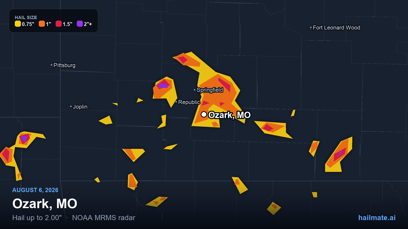 Hail swath map for Ozark, MO on August 6, 2026 showing 2.00 inch hail.