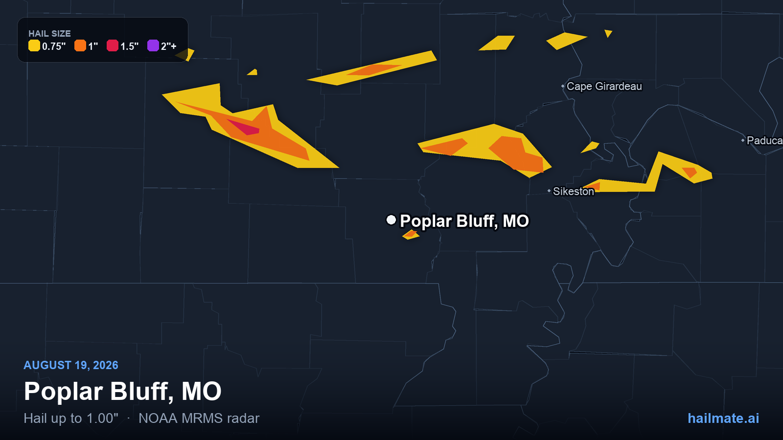 Hail swath map for Poplar Bluff, MO on August 19, 2026 showing 1.00 inch hail.