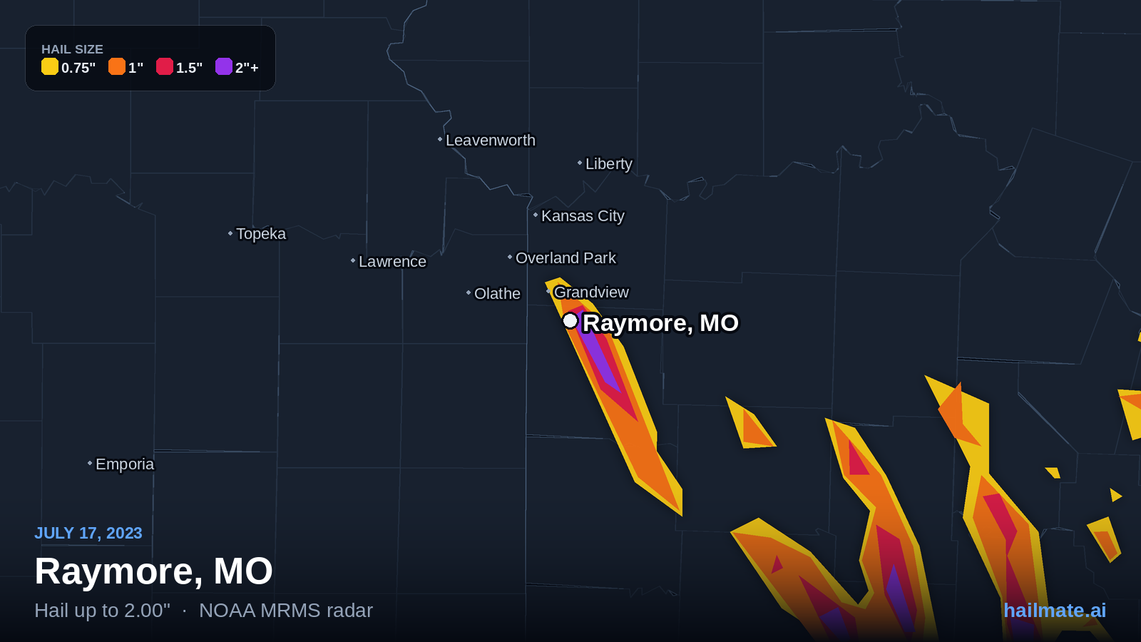 Hail swath map for Raymore, MO on July 17, 2023 showing 2.00 inch hail.