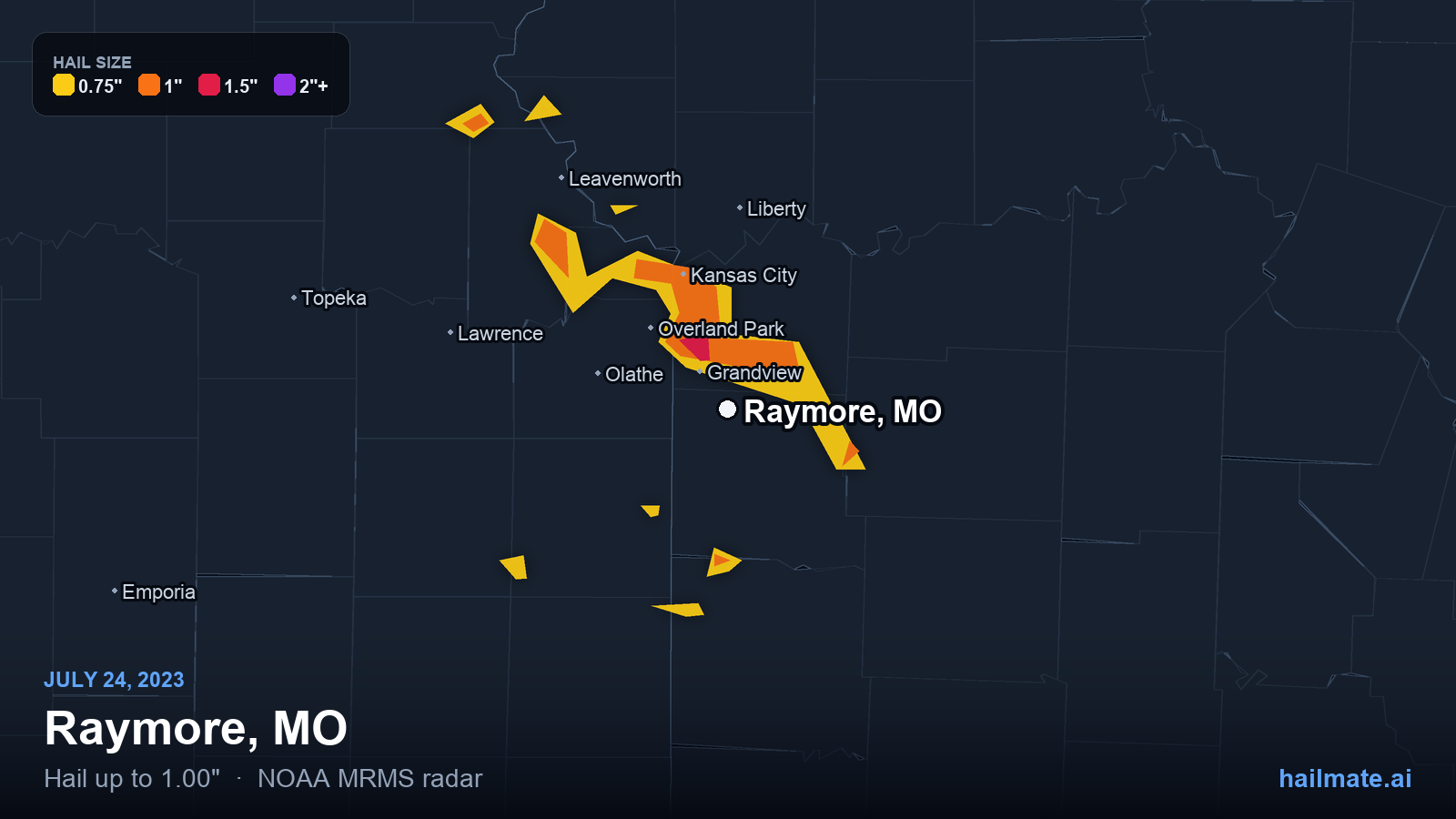 Hail swath map for Raymore, MO on July 24, 2023 showing 1.00 inch hail.
