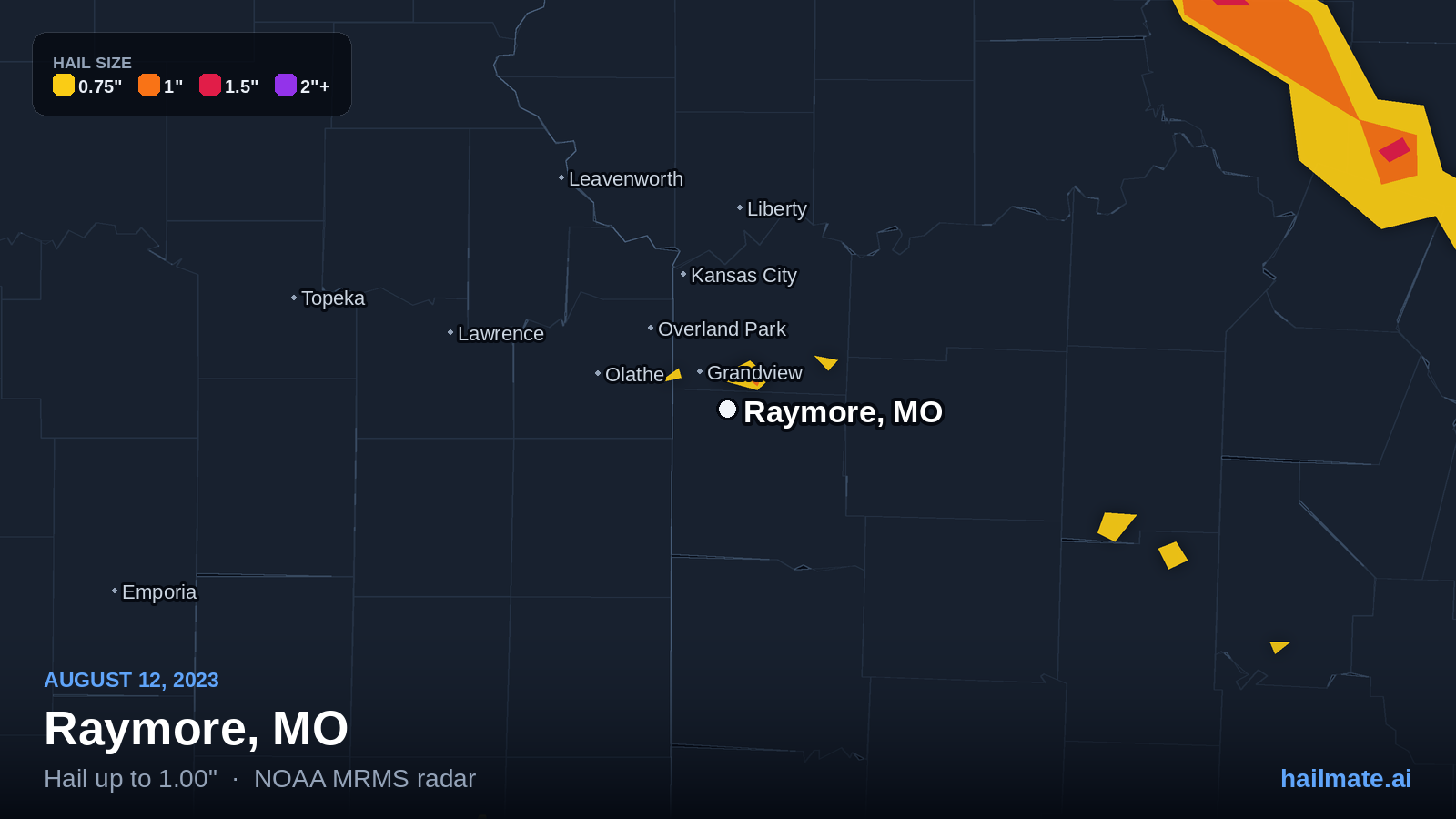 Hail swath map for Raymore, MO on August 12, 2023 showing 1.00 inch hail.